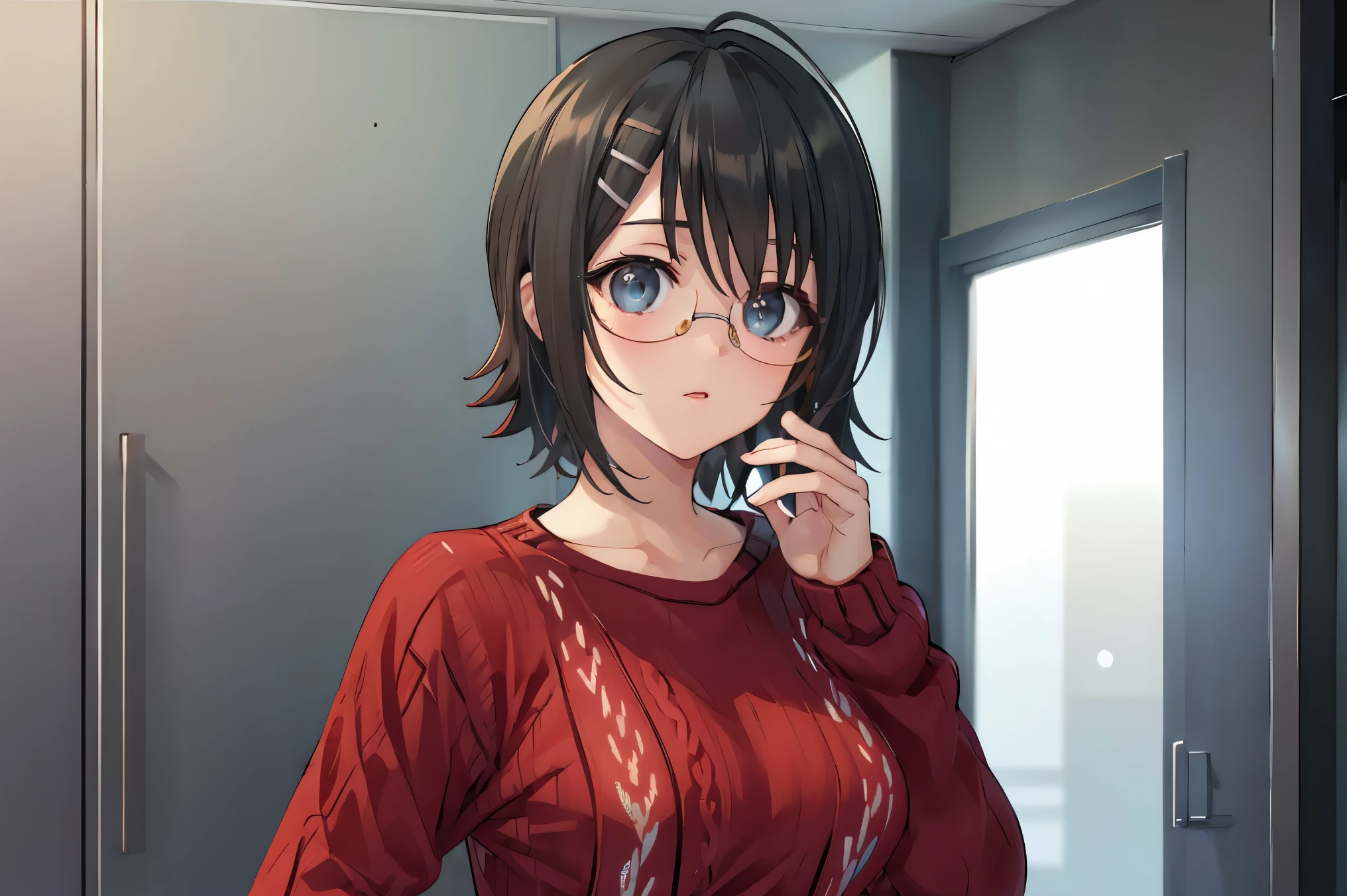 yorihime nao, glasses, hairclip,((black hair:1.5)),
BREAK ((red sweater:1.5))
BREAK changing room, lockers,
BREAK walking,pose, hand on hip,
BREAK (masterpiece:1.2), best quality, high resolution, unity 8k wallpaper, (illustration:0.8), (beautiful detailed eyes:1.6), extremely detailed face, perfect lighting, extremely detailed CG, (perfect hands, perfect anatomy),