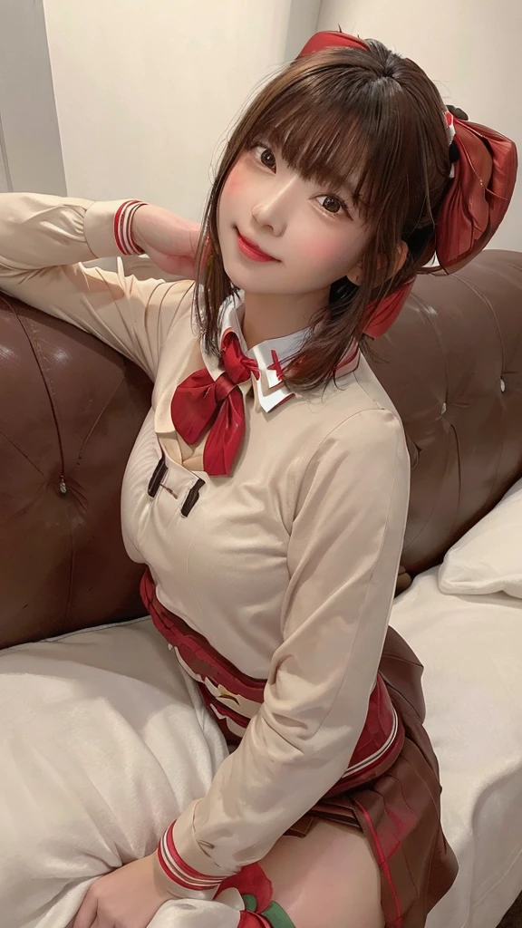 最high quality, masterpiece, 1 girl, Beautiful Face, (Photorealistic photography:1.3), Rim Light, (Skin with attention to detail:1.2), 8K Ultra HD, Digital SLR, high quality, High resolution, 4K, 8k, Japanese women 、18-year-old、Perfect body beauty: 1.4、8.5 heads、((High 、Red bow tie:1.5))、Pleated skirt、Brown blazer、sofa、sleep、Back Stance， Bend your knees、Sexy upward glance、happiness、A cheerful smile