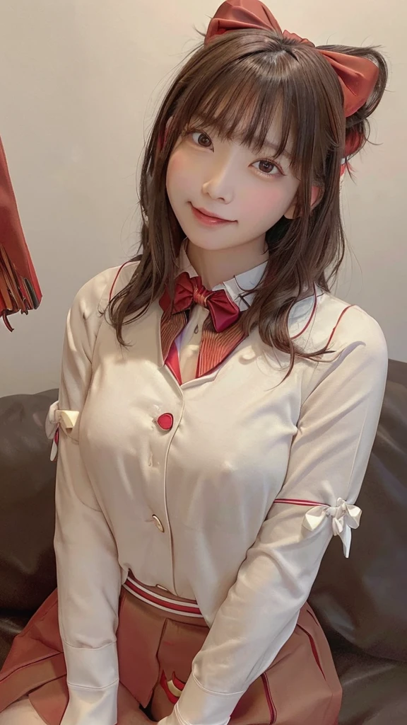 最high quality, masterpiece, 1 girl, Beautiful Face, (Photorealistic photography:1.3), Rim Light, (Skin with attention to detail:1.2), 8K Ultra HD, Digital SLR, high quality, High resolution, 4K, 8k, Japanese women 、18-year-old、Perfect body beauty: 1.4、8.5 heads、((High 、Red bow tie:1.5))、Pleated skirt、Brown blazer、sofa、sleep、Back Stance, Bend your knees、Sexy upward glance、happiness、A cheerful smile