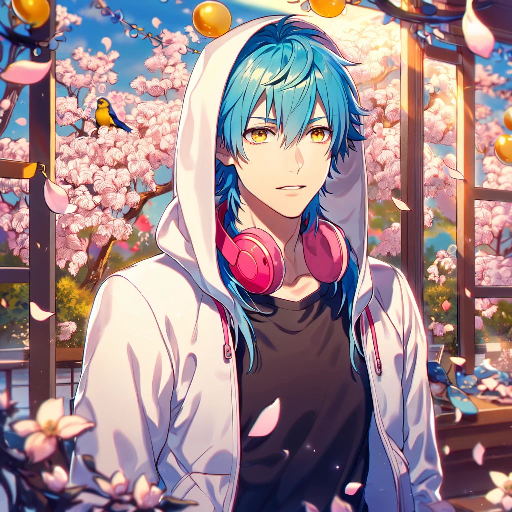 absurdres, highres, ultra detailed, HDR, masterpiece, Seragaki Aoba, blue hair, expressive yellow eyes, Dramatical Murder, white jacket with a hood, black shirt, pink earphones around his neck, designed with decorations such as blue leaves, blossoms and birds, 1man, handsome, petals