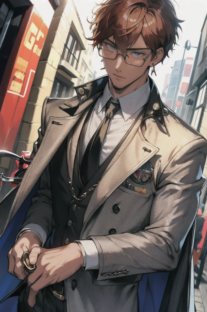 masterpiece,best quality,(1man:1.3), 25 years old,short hair,colored tips,curly hair,colored glasses,earings,gun,tie,topless,corset,mafia style,handcuffs,wrap coat,street,from above,(dutch angle, fisheye),lens flare,depth of field 