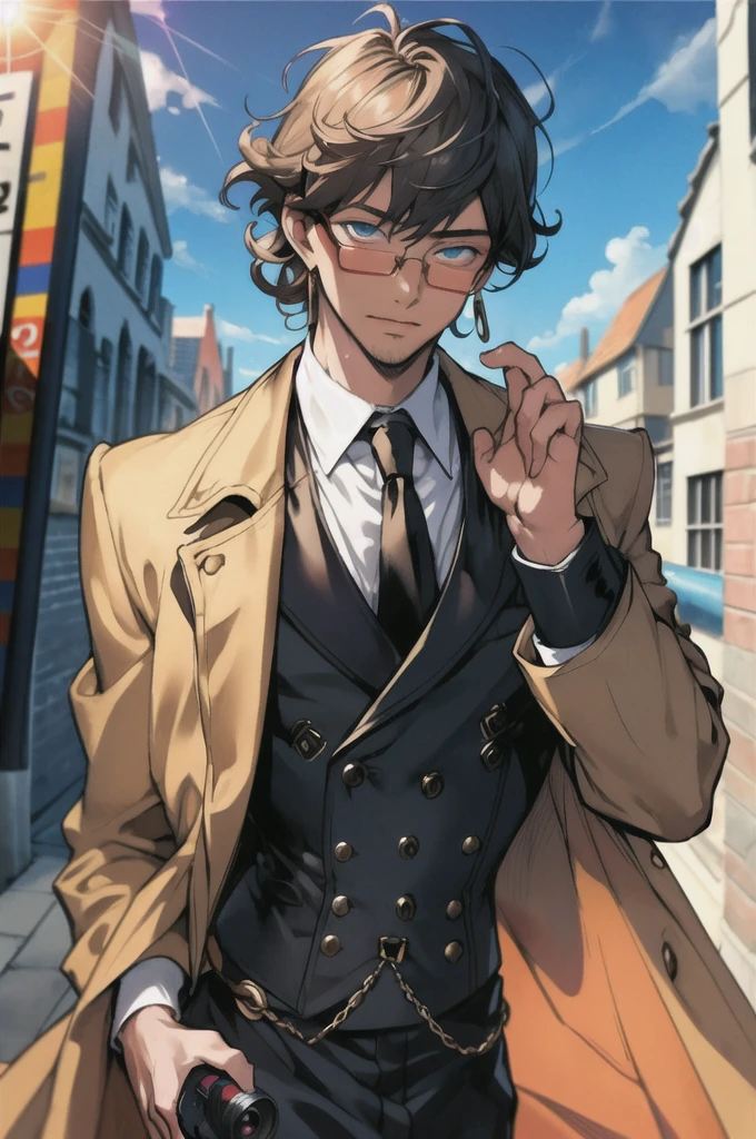 masterpiece,best quality,(1man:1.3), 25 years old,short hair,colored tips,curly hair,colored glasses,earings,gun,tie,topless,corset,mafia style,handcuffs,wrap coat,street,from above,(dutch angle, fisheye),lens flare,depth of field