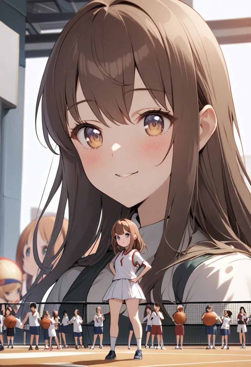 (2girls: 1.7), (height difference: 1.6), (size difference: 1.1), school basketball court, (giantess towering over a miniature girl: 1.3), (a miniature girl in front of a giantess girl: 1.3), crowds, playing basketball, closeup breasts and face, brown hair