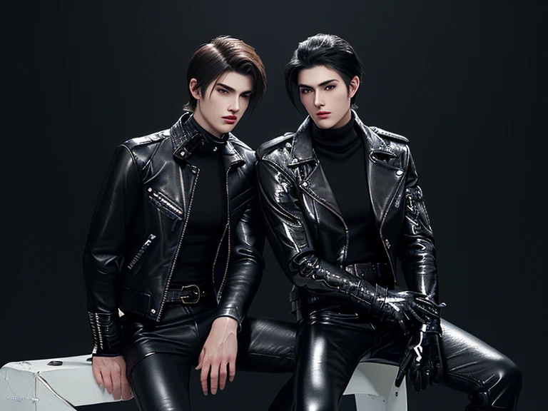 Final Fantasy-style graphics, young, Cute and cool two Japanese boys,borth Thin eyebrows and big eyes,   both wearing a shiny white single-breasted leather jacket.......。Biker style leather jacket、 with epaulettes,  The jacket is zipped up, The jacket pockets are black., The jacket has a high stand-up collar with a belt, Also wearing a black turtleneck, Black Leather Pants, Thin black leather gloves on both hands, Black leather knee-high lace-up boots, Show me your ((whole body)) from head to toe, Final Fantasy Style、((good looking))、((Age: 20 years old))、((good looking))、((Clear eyes and nose))、((Shiny white color single leather jacket))、((The jacket must be white color.))、((The jacket has epaulettes))、((Jacket has a high stand-up collar and belt))、((The jacket has a black pocket))、((Black turtleneck shirt))、((Black Leather Pants))、((Always wear shiny black leather gloves on both hands))、((Cover all fingers on both hands with gloves))、((Black lace-up leather long boots))、((View full-body images from a distance))、Realistic image quality and texture、In a small cell、((close the eyes))、A kind smile、((The front of the jacket is closed with a zipper))、((No skin below the neck))、((round face)、((Short Hairstyleedium build))、((Upright posture))、((don't sit))、((he handcuffed both hands))