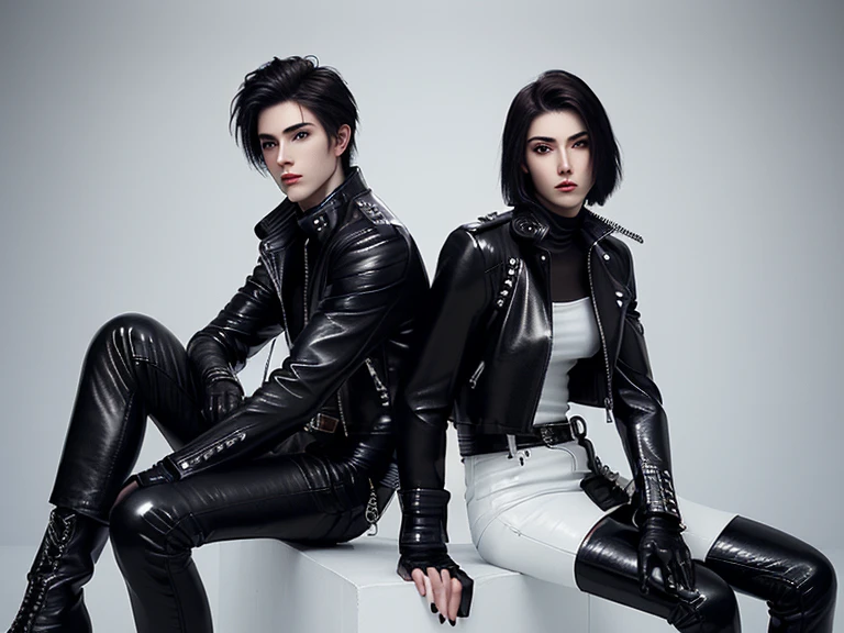 Final Fantasy-style graphics, young, Cute and cool two Japanese boys,borth Thin eyebrows and big eyes, both wearing a shiny white single-breasted leather jacket.......。Biker style leather jacket、 with epaulettes, The jacket is zipped up, The jacket pockets are black., The jacket has a high stand-up collar with a belt, Also wearing a black turtleneck, Black Leather Pants, Thin black leather gloves on both hands, Black leather knee-high lace-up boots, Show me your ((whole body)) from head to toe, Final Fantasy Style、((good looking))、((Age: 20 years old))、((good looking))、((Clear eyes and nose))、((Shiny white color single leather jacket))、((The jacket must be white color.))、((The jacket has epaulettes))、((Jacket has a high stand-up collar and belt))、((The jacket has a black pocket))、((Black turtleneck shirt))、((Black Leather Pants))、((Always wear shiny black leather gloves on both hands))、((Cover all fingers on both hands with gloves))、((Black lace-up leather long boots))、((View full-body images from a distance))、Realistic image quality and texture、In a small cell、((close the eyes))、A kind smile、((The front of the jacket is closed with a zipper))、((No skin below the neck))、((round face)、((Short Hairstyleedium build))、((Upright posture))、((don't sit))、((he handcuffed both hands))