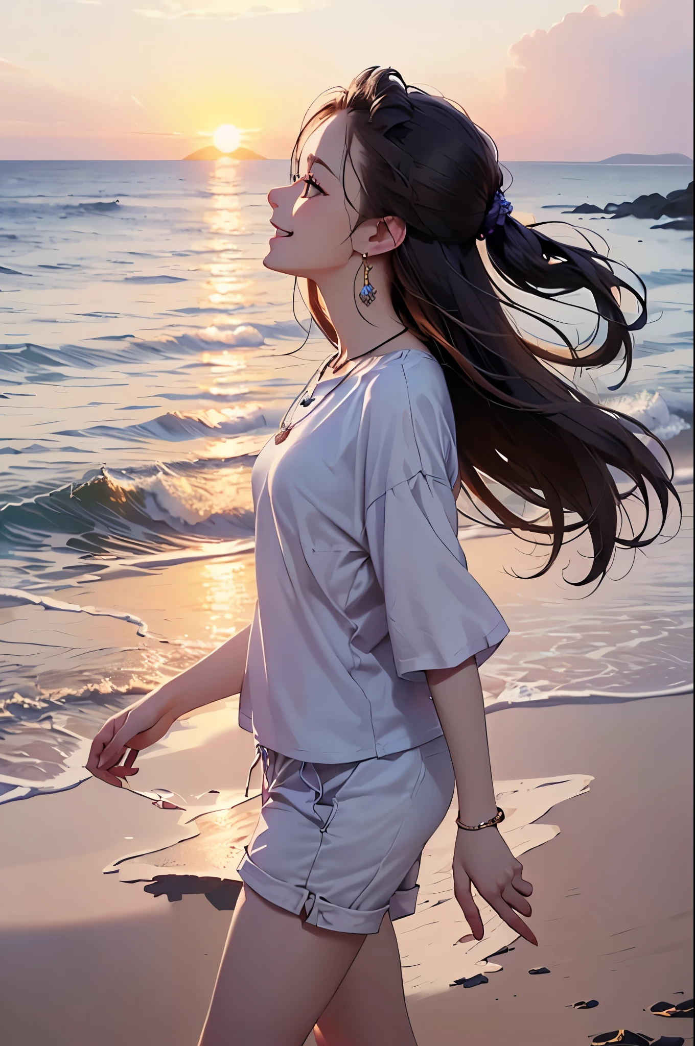 ((Biologically correct limb count))、((Full Body Shot, Full-body photo including face))、4K、masterpiece、((Focus on the face))、((Symmetrical facial features))、Eyes of meticulous depiction、Beautiful woman、Excellent style、Beautiful feet、(High heels)、Facial detailing、Small earrings、necklace、((Close-up photo of the upper body))、(Upper body T-shirt、Shorts)、With the sunset over the sea as a backdrop、A big smile、Scene of walking on the beach、profile、