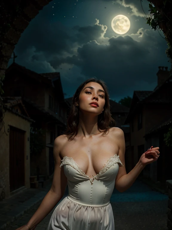 labios rojos vivos, ojos penetrantes, piel brillante, vestido fluido, dark and mysterious atmosphere, aura encantadora, Postura elegante, mirada seductora, entorno iluminado por la luna, Inquietantemente hermoso, Ethereal beauty, encanto sobrenatural, presencia fascinante, pechos grandes, Obra maestra, Mejor calidad, alta calidad, Fondo de pantalla CG unificado 8k muy detallado, beautiful and generous 23 year old girl, Delicate collarbone, pose sexy y encantadora, camisa blanca excelente textura, pantalones celeste gris cielo, Alto detalle, dramatic, arte a mitad de camino, Figura amortajada, imagen inquietante, misterioso retrato espeluznante, Bill Henson, retrato de esquizofrenia oscura, figura fantasmal, figura en la oscuridad, Bastien Lecouffe - Deharme, Carrera de Eugenio,una hermosa mujer italiana, ((marilyn monroe:Michelle Pfeiffer:0.5)), (peasant bodice), (pechos medianos), (cuerpo perfecto), labios pintados carmin, blurry very, very foreground, from below, fisheye, perspective luz fuerte lateral