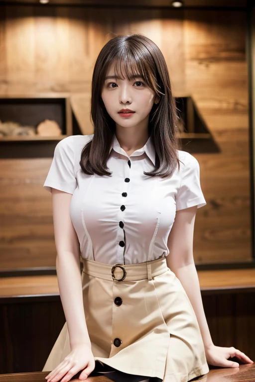 (highest quality, 4K, 8k, High resolution, Tabletop:1.2), Black Hair、Beaver、Her breasts are beautiful and large。study。Pressing her big tits against the desk。The outfit is a loose-fitting white dress.。Open some buttons。uniform、skirt、Unbelievably big 