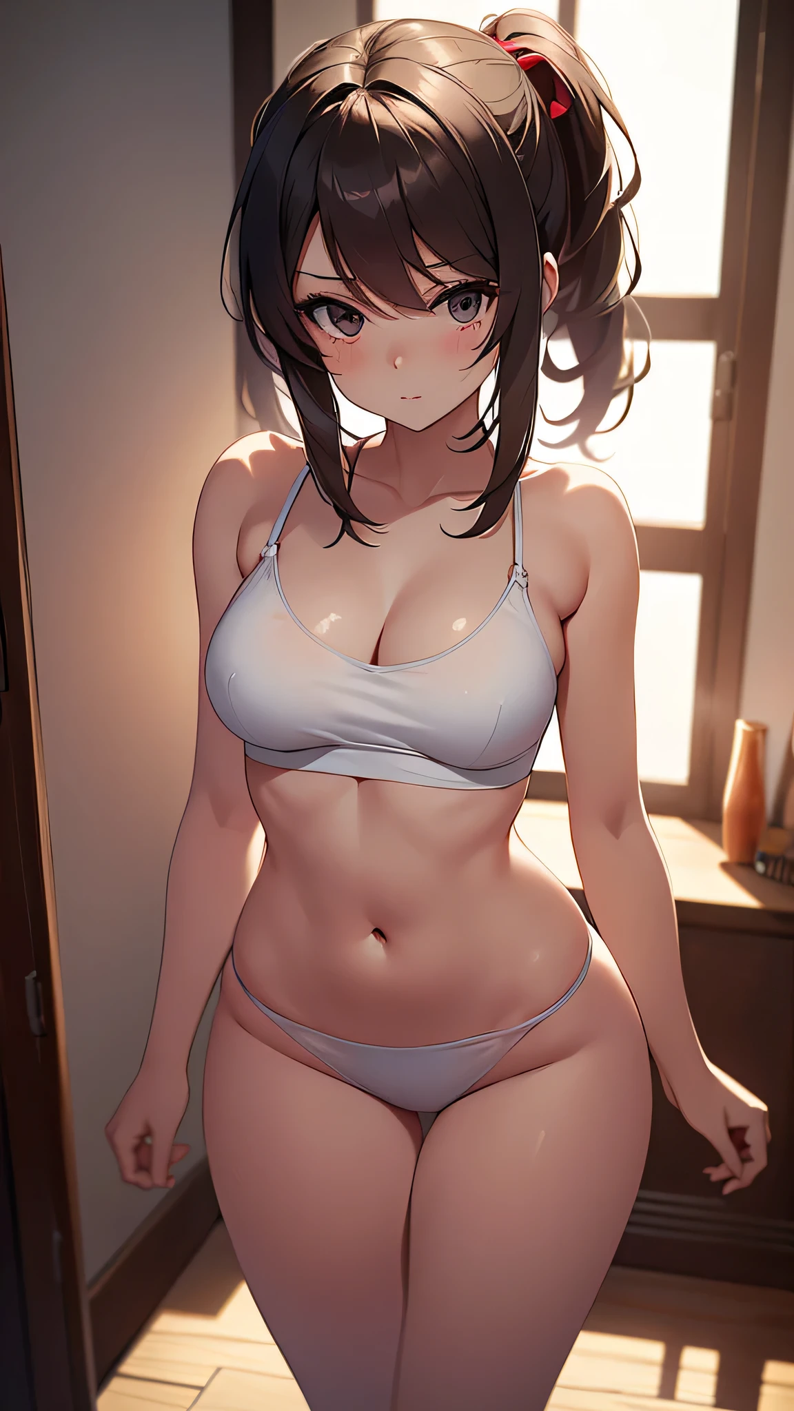 una chica joven muy atrevida alzando su minifalda, showing the viewer his body, poorly placed fire croptop showing part of her medium-sized firm breasts, piernas abiertas, pose sexy,se ven los pezones, sin censura y nsfw, +18, pretty girl possessed by debauchery, literally hot girl,