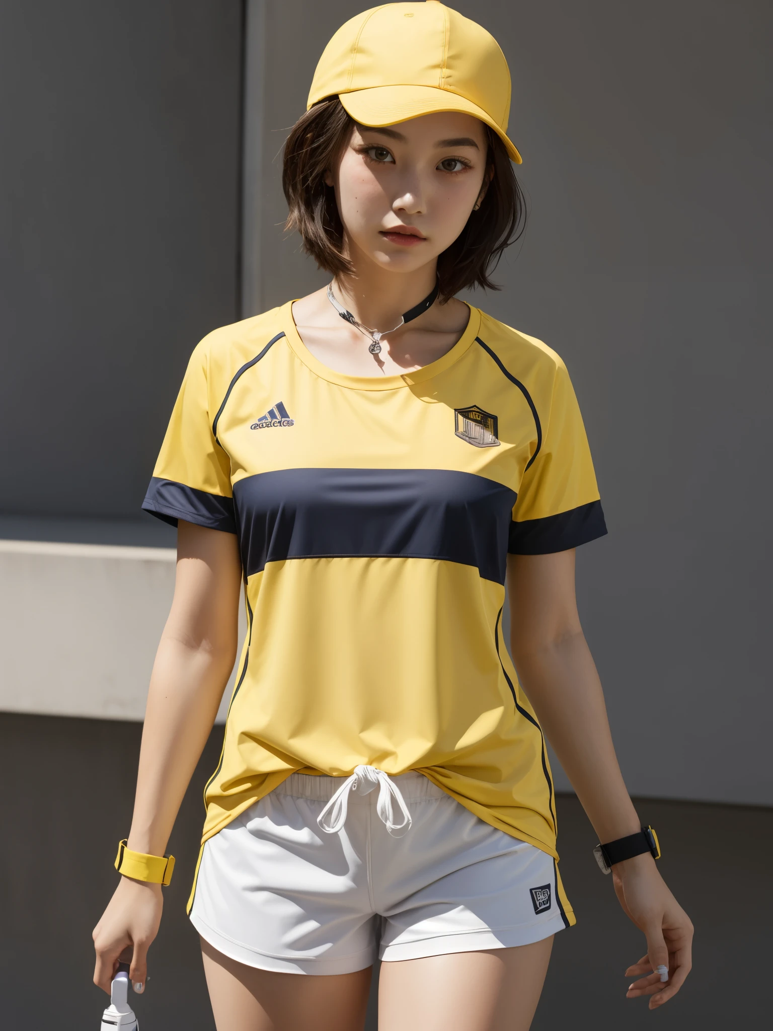 girl wearing vertical stripes pattern sports jersey, BREAK, 1girl, (yellow vertical stripe shirt jersey:1.2), short sleeve, detailed face, red cap, backwards hat, short hair, (whistle surrounding neck), white shorts, tied shirt, wristband, full breasts, thigh, collarbone, large breast, 