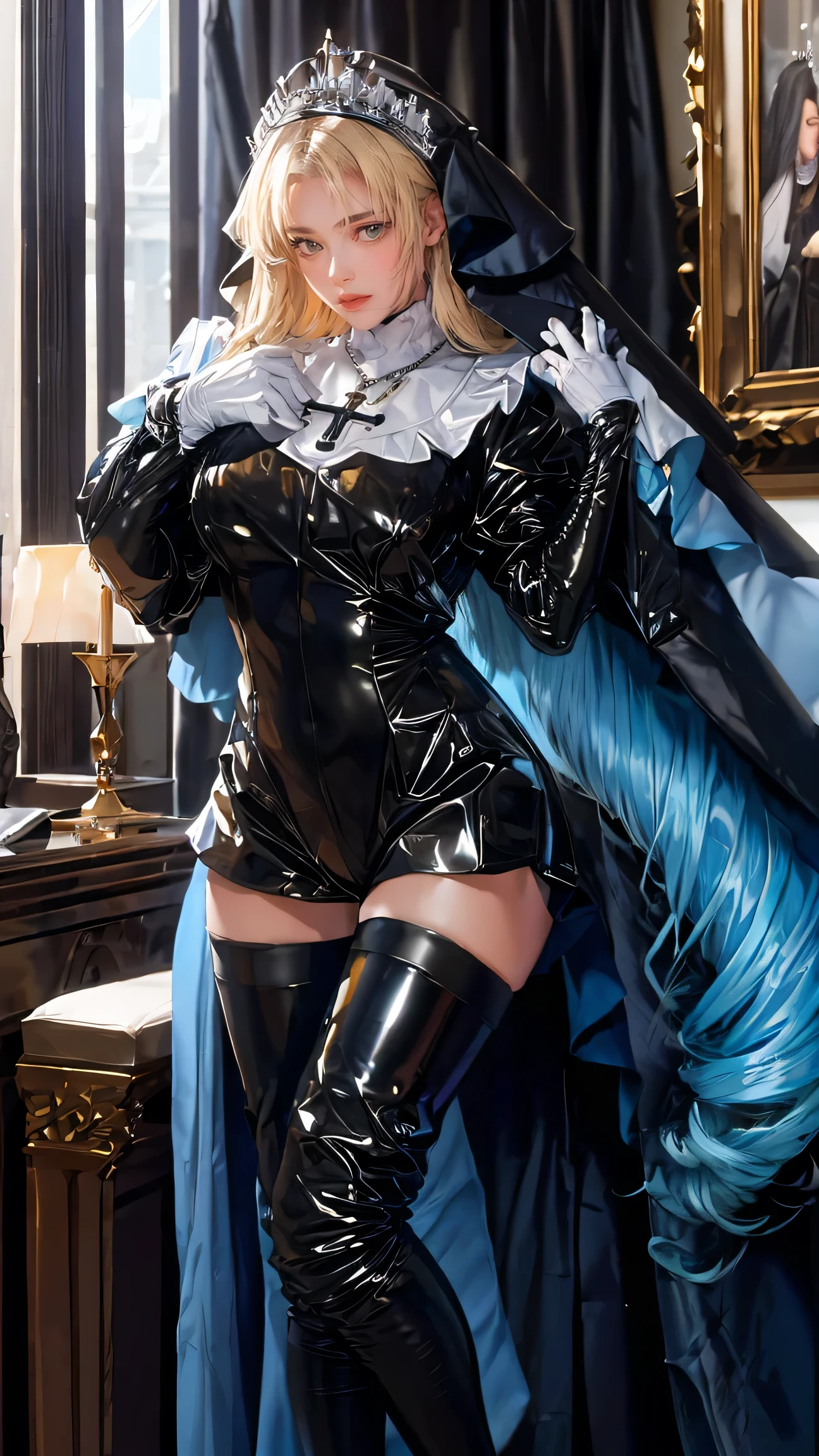 Best Best quality, masterpiece, ultra high res, raw photo, beautiful and aesthetic,deep shadow, dark theme,(ultra detailed:1.3),
1girl, frills, latex gloves, latex stockings, sexy pose, Headdress, hair ornament, full of curtain, drill hair, long hair, blonde hair, gradient hair, yellow eyes, solo, huge breasts, big hair, blue hair, tiara, divine goddess, looking at viewer, royal palace, indoors, bedroom, astraea, full body, tutututu, (nun),(cross necklace), latex bodysuit, shiny clothes, skin tight, habit, black bodysuit, thigh boots,