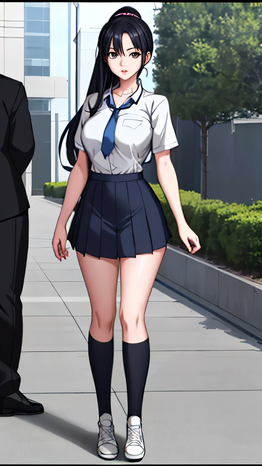 (best quality:1.5, highres, UHD, 4K, detailed lighting, ((ultra high quality)), ((ultra detail)), 1 girl solo, anime girl with ponytail and tie in a, black hair, anime moe artstyle, as an anime character, wearing , wearing a , nagatoro, an anime girl, cel shaded anime, wearing japanese , Ezra scarlet, beautiful anime high school girl, ((uniform high school)), wearing short sleeve white shirt white tie, female anime character, anime character, in an anime style, ((full body)), converse, converse high, (medium breasts), highly detailed face, cool, tomboy