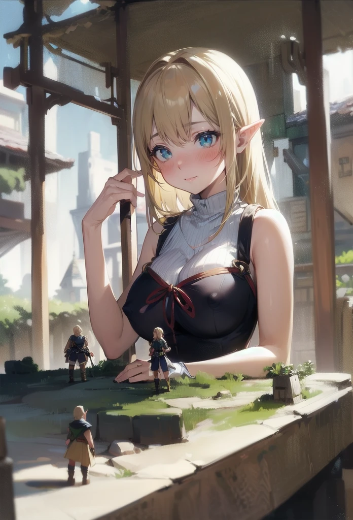 (village in front of a giantess breasts and face: 1.3), (fantasy village in front of a giantess looking down on them), boots, (:3), (nipples), blonde hair, big , blue eyes, elf ears, pointy ears, elf outfit, big thighs, armor, sword