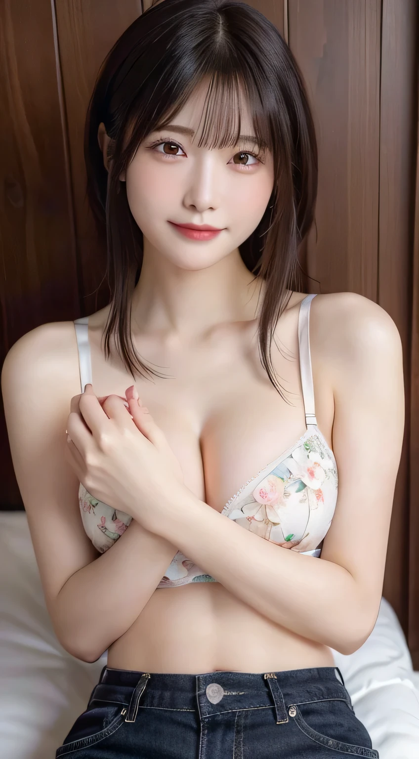 (highest quality,masterpiece:1.3,超A high resolution,),(Very detailedな,Caustics),(Realistic:1.4,RAW shooting,)Ultra-Realistic Capture,Very detailed,High resolution 16k human skin closeup。 The skin texture is natural、,pores、It must be detailed enough to be easily identifiable.。 Skin should look healthy and have an even tone。 Use natural light and color,1 girl,Japanese,18-year-old,cute,Black-haired,Middle Hair,(Large Breasts:1.2),Turn your body forward,(View from the front:1.2),Looking at the camera,smile,whole body,Beautiful feet,I can see my feet,In a bra,pants,cute light colored bra,She is wearing a light-colored bra,In underwear,Floral,Massage the breasts,Rub your breasts with both hands,I'm rubbing my chest