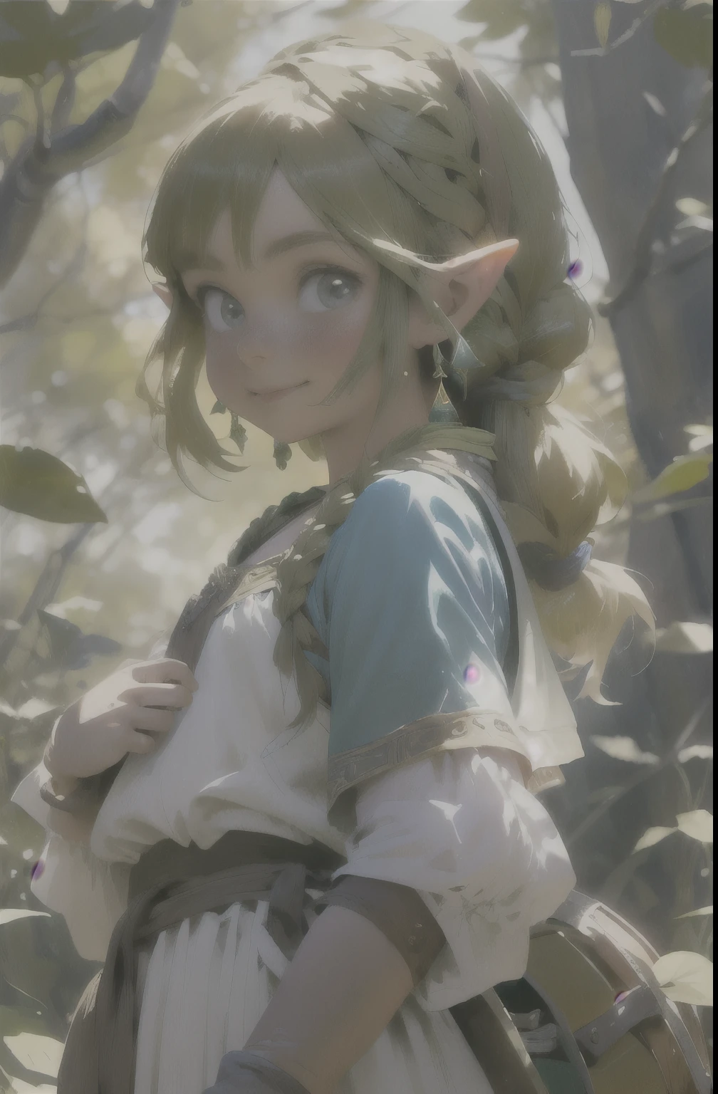 realista, (Obra maestra, calidad superior, mejor calidad, arte oficial,), Muy detallado, more detailed, (1 chico:1.3), duende en un bosque , ((estilo zelda)