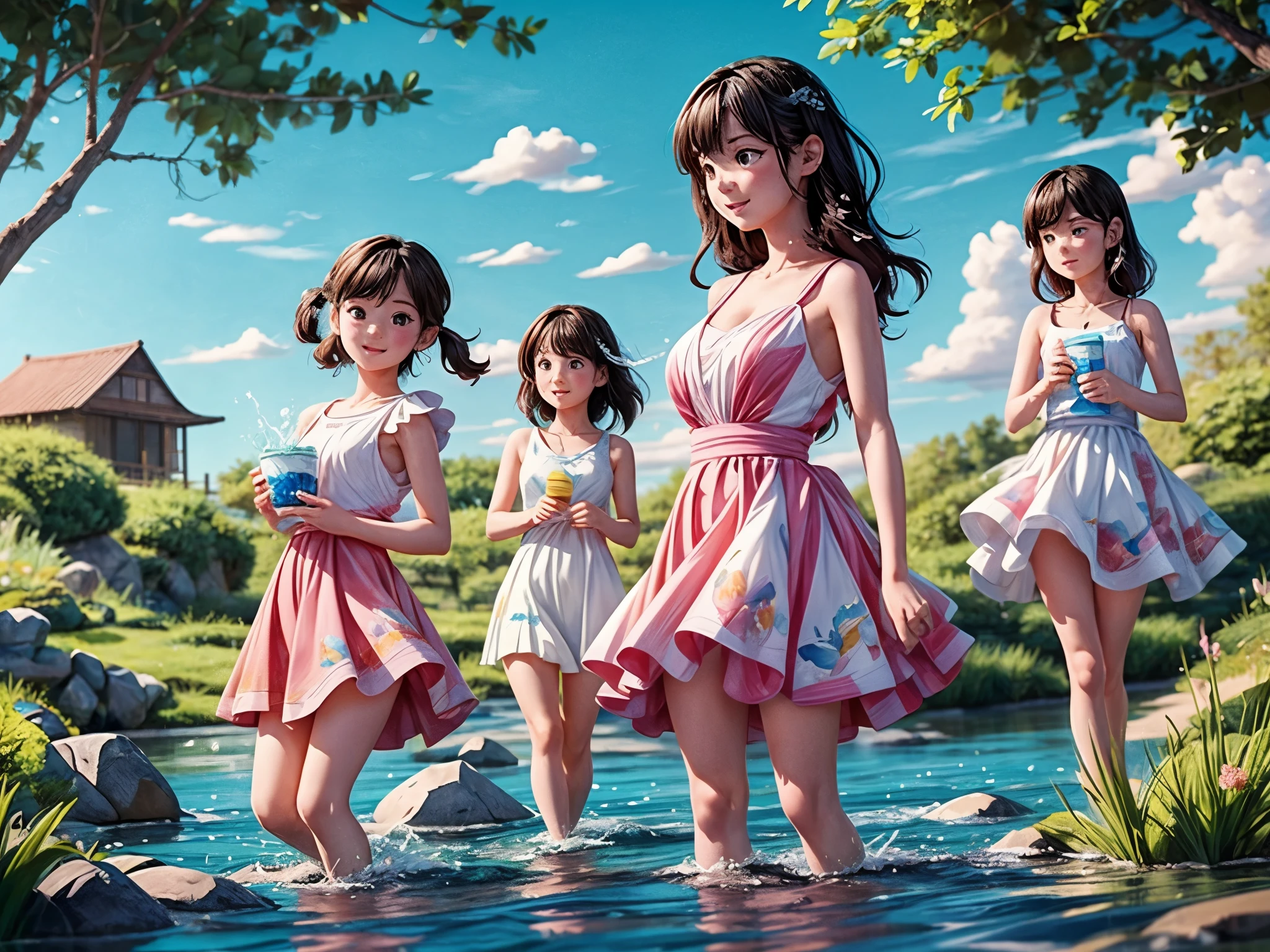 (high resolution、4K、High Reality:1.2), Extremely detailed depiction, Transparency, Vibrant colors, Natural light、

Genre: landscape、Character main scene:
- Girls playing in the river: Bright and cheerful girls、Playing happily in the river。
- A scene of water splashing: Watch the girls make splashes、Depicts beautiful light and color。

Personality traits:
- Natural look: The girls have natural smiles and bright expressions on their faces.。
- Beautiful Hair: Depict long hair、It also expresses the appearance of being splashed with water.。
- Transparencyのある肌: 少女たちの肌はTransparencyがあり、Expresses brilliance。

Background depiction:
- Lush riverbanks: Maple tree々A beautiful riverbank with grass and grassland painted on it.、明るくVibrant colorsで表現します。
- Clear skies: Clear blue sky and white clouds、Creates a bright and refreshing atmosphere。

Painting Style:
- Impressionist style depiction: The painting is done in the impressionist style.、With soft colors and blur effects、Expresses an elegant and natural atmosphere。
- Expressing the flow of water: Beautifully depict the flow of river water and ripples、Allows you to feel the movement of the water。

Color Palette:
- Light toned colors: Color Paletteは明るいトーンを使用し、It brings lightness and gaiety to the whole painting.。
- Water color: Water is painted in vibrant blue.、Transparencyと清涼感を表現します。

lighting:
- Natural lightの効果: 絵画はNatural lightに包まれているような雰囲気を演出します。It depicts girls having fun splashing around in the sunshine.。