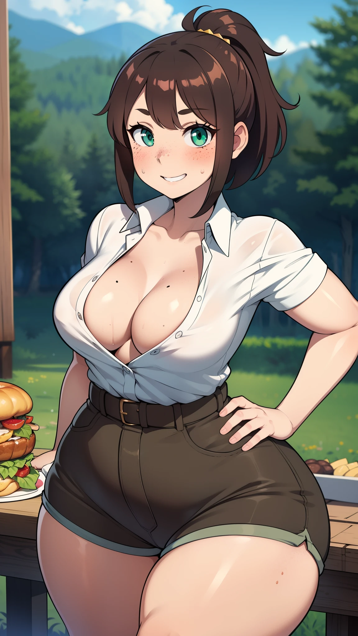 ((highres)), Masterpiece, high quality, best quality, beautiful, perfect lighting, detailed face, ultra cute face, cowboy shot, ((1girl)), ((solo)),

Short hair, fluffy hair, ponytail, brown hair, green eyes, ((blush)), freckles, bright smile, shy, looking at viewer, hands on hip, white shirt, shorts, (((thick thighs))), ((wide hips)), chubby, cleavage, (small breasts), 

20 year old female, standing in wood cabin, table full of food, (summer camp), daytime,
