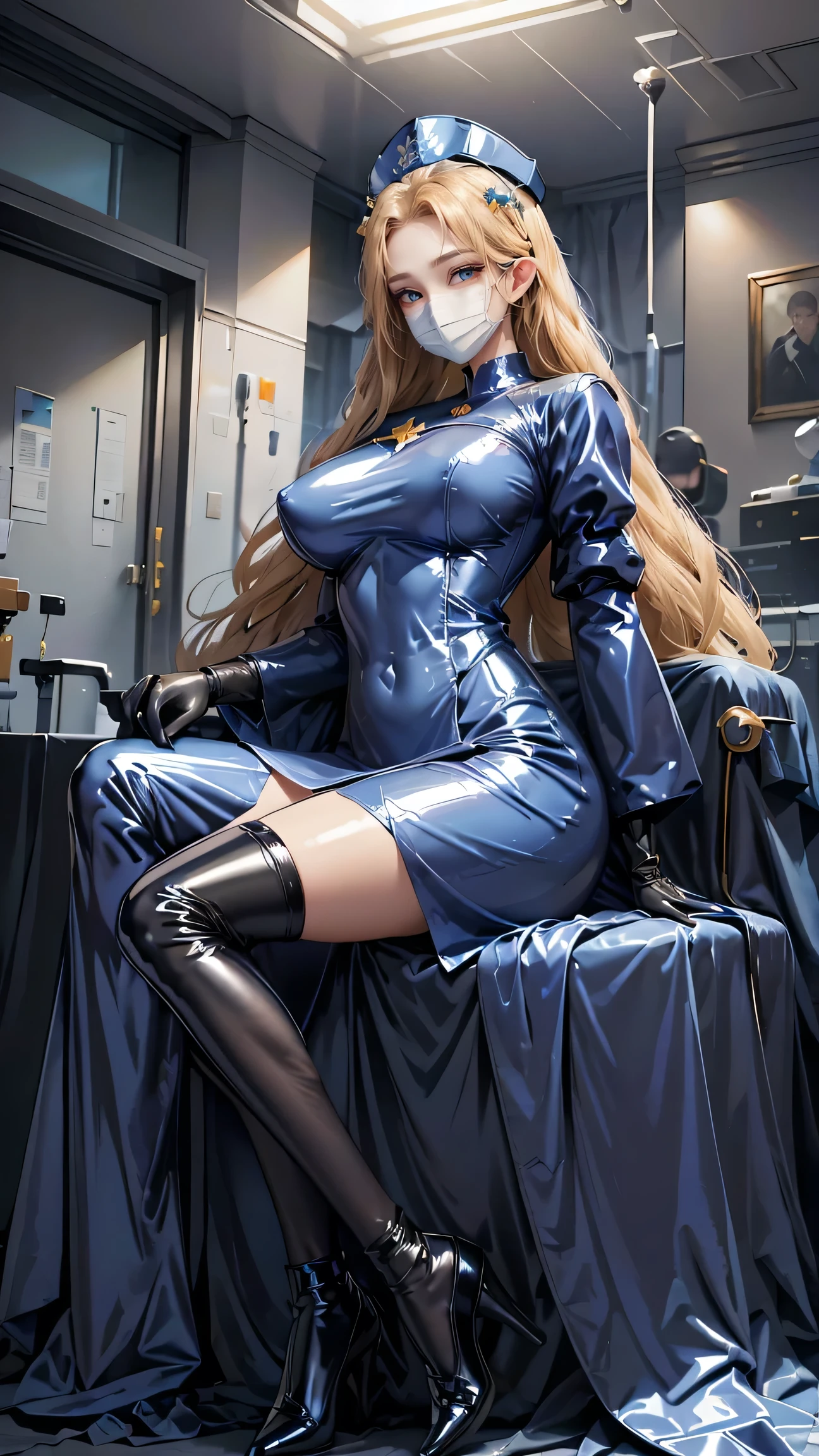 Best Best quality, masterpiece, ultra high res, raw photo, beautiful and aesthetic,deep shadow, dark theme,(ultra detailed:1.3),
1girl, frills, gloves, stockings, sitting on sofa, Headdress, hair ornament, full of curtain, drill hair, long hair, blonde hair, gradient hair, yellow eyes, solo, huge breasts, big hair, blue hair, tiara, divine goddess, looking at viewer, royal palace, indoors, bedroom, astraea, full body, latex_nurse_surgical, mouth mask, latex, surgical mask, nurse cap,long dress,long sleeves,shiny uniform