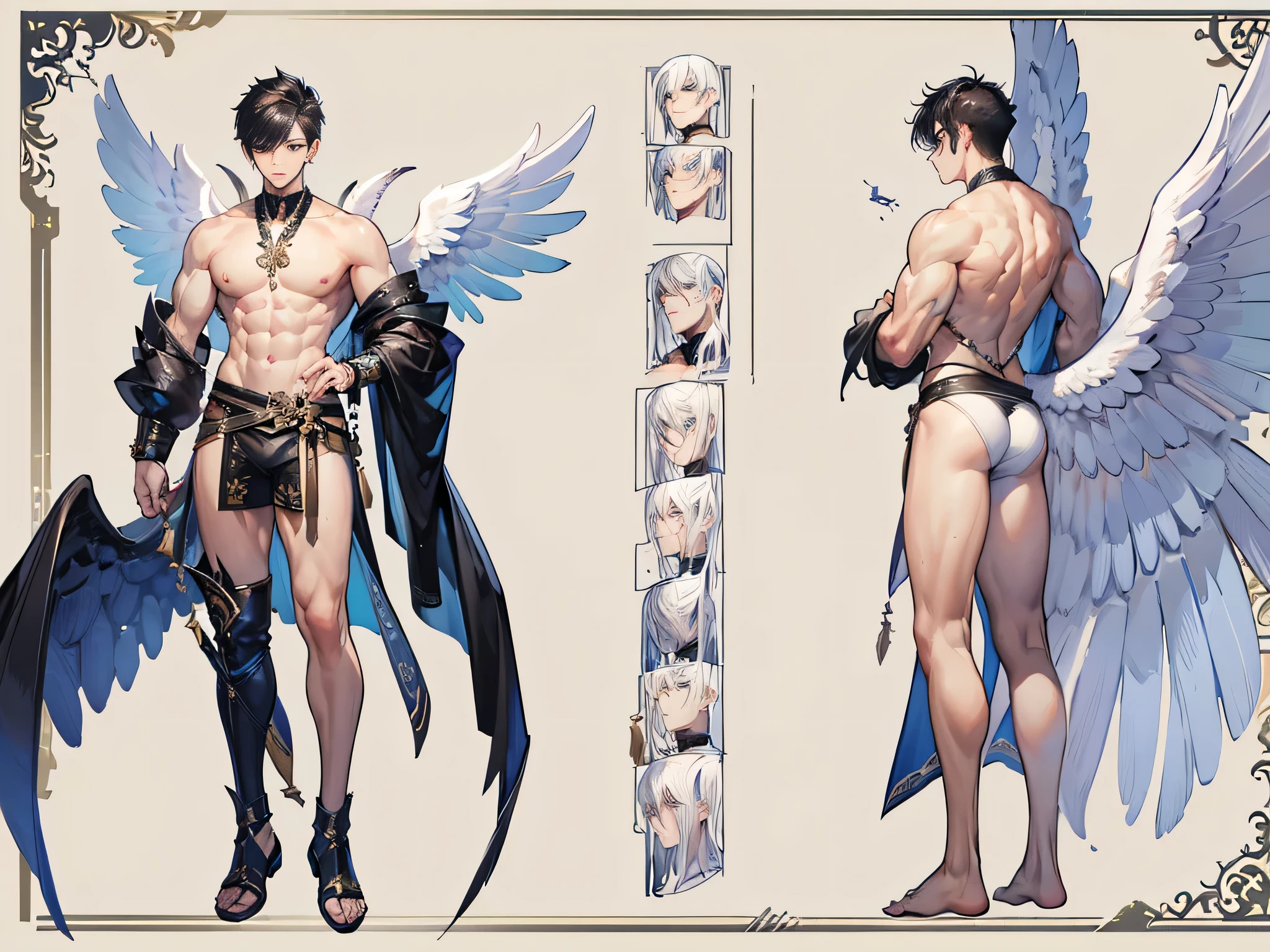 ((Masterpiece, Highest quality)), Male, boy, Detailed face, character design sheet， full bodyesbian, Full of details, frontal body view, back body view, Highly detailed, Depth, Many parts, angel wings, angel outfit, Muscle boy with black hair bangs，handsome man, male angel , man tall,  abs, pectoral muscle