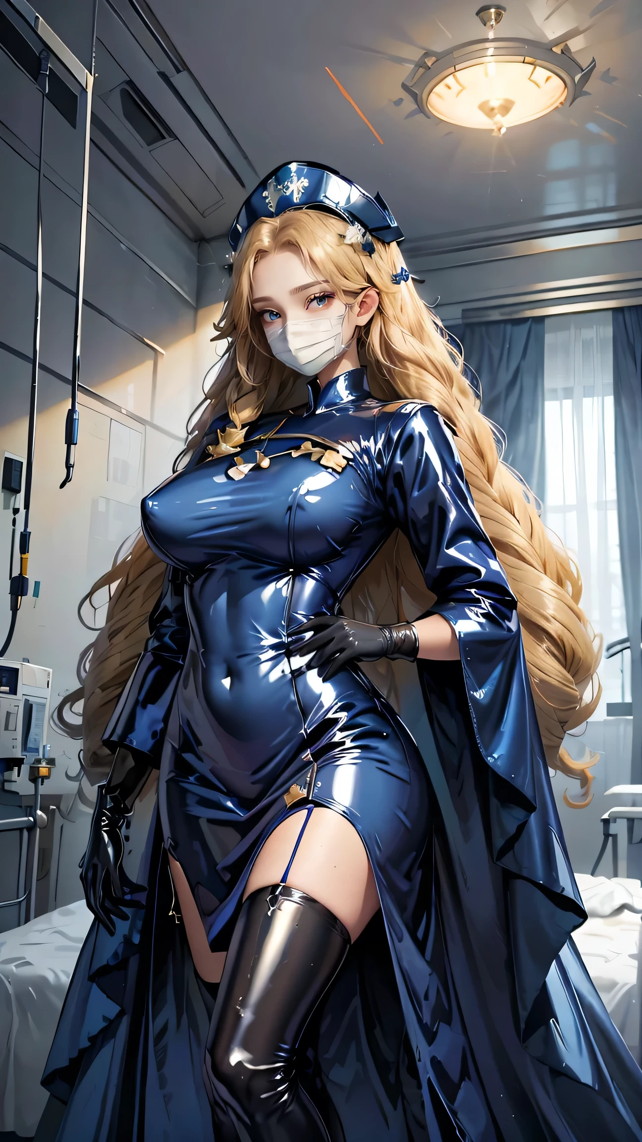 Best Best quality, masterpiece, ultra high res, raw photo, beautiful and aesthetic,deep shadow, dark theme,(ultra detailed:1.3),
1girl, frills, gloves, stockings, sexy pose, Headdress, hair ornament, full of curtain, drill hair, long hair, blonde hair, gradient hair, yellow eyes, solo, huge breasts, big hair, blue hair, tiara, divine goddess, looking at viewer, royal palace, indoors, bedroom, astraea, full body, latex_nurse_surgical, mouth mask, latex, surgical mask, nurse cap,long dress,long sleeves,shiny uniform
