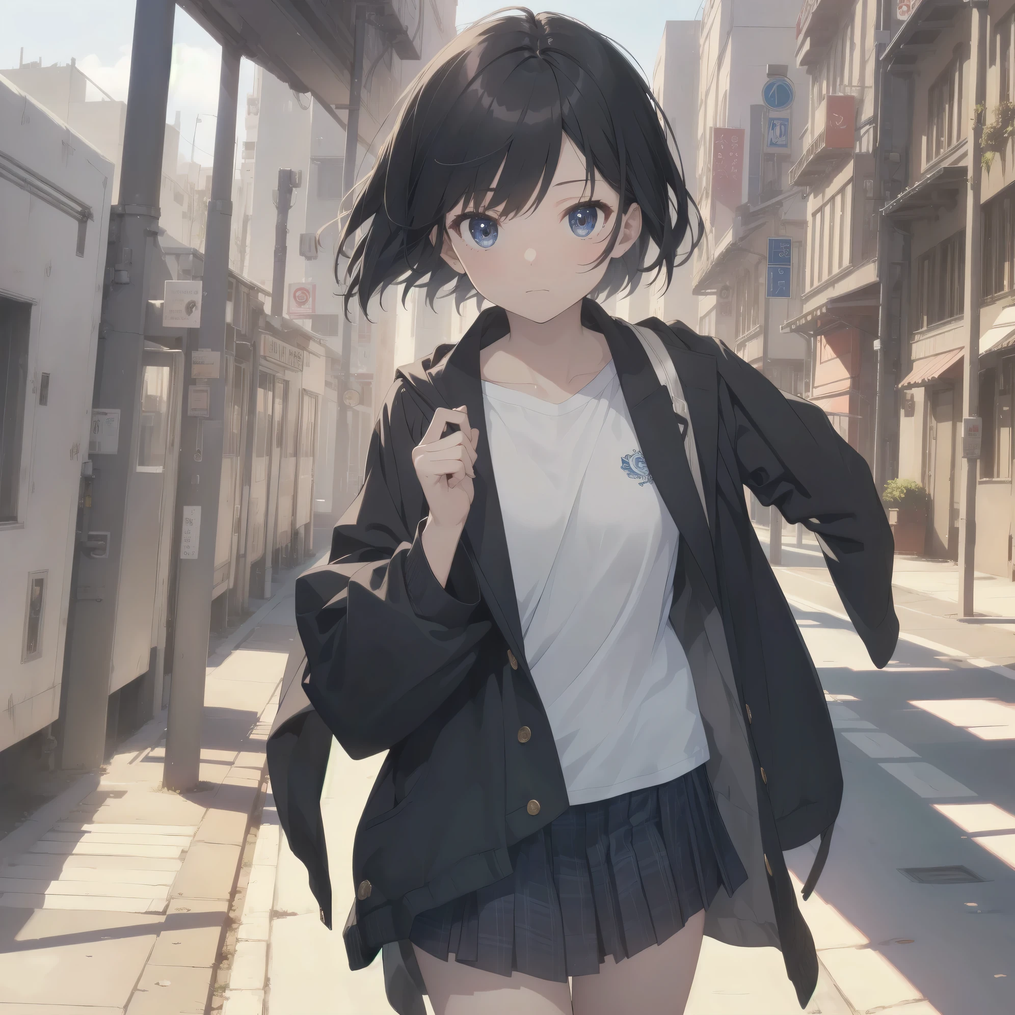 ultra-absurdres-Top quality by artist God, ultra-detailed, high resolution, anime moe artstyle, best anime 8k konachan wallpaper, pixiv contest winner, pool:2810, perfect anatomy,break, 1girl, (Please draw a girl walking sleepily to school alone. )break,(Solo,little female, 13-year-old:1.3),Full limbs, complete fingers,a junior high school student, (very short hair), short cut, flat chest, , small butt, small black eyes, beautiful detailed eyes, well-proportioned iris and pupils, expressive eyes, highres detailed hair, soft expression, school_uniform, bowtie, collared shirt. pleated skirt,(Detailed Lighting), (Detailed background), in the School commute route. break,super detailed skin, Best cinematic lighting powered by famous artist, 8k,beauty illustration,photoshop_(medium),very aesthetic,break,((artist:dd_(ijigendd) )), artist:bolze ,artist:oyari ashito ,artist:kantoku ,