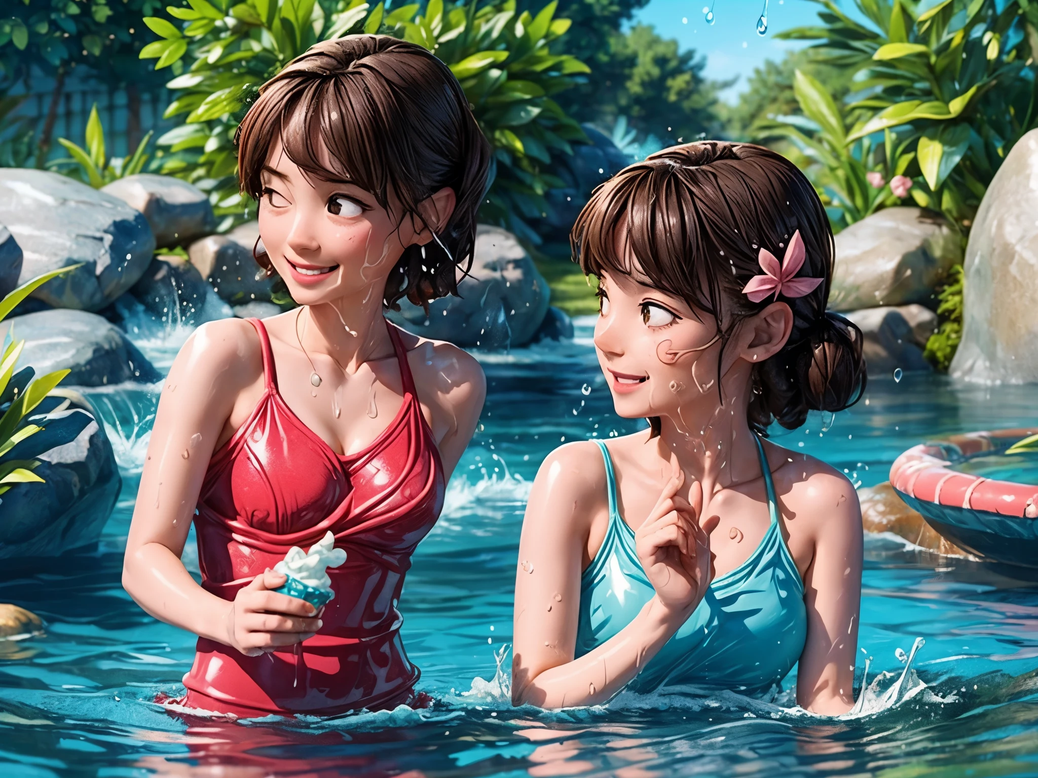 (best quality,realistic:1.37),2girls splashing water in a small stream,water splashes,hot summer day,glistening bodies soaked in sweat and water,lush greenery,melting ice cream cones,endless laughter and joy,blissful expressions,sun-kissed skin,refreshing coolness,colorful swimsuits,sparkling water droplets,dancing sunlight,playful ripples,aquatic playground,dreamy summer vibes,enchanting natural beauty,warm breeze,delightful water fights,childhood memories,serene nature sounds,endless fun and adventure