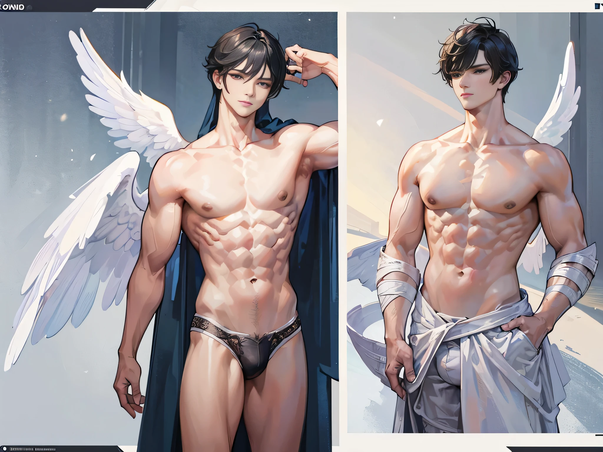 ((Masterpiece, Highest quality)), Male, boy, Detailed face, character design sheet, full bodyesbian, Full of details, frontal body view, back body view, Highly detailed, Depth, Many parts, angel wings, angel outfit, Muscle boy with black hair bangs,handsome man, male angel , man tall, abs, pectoral muscle