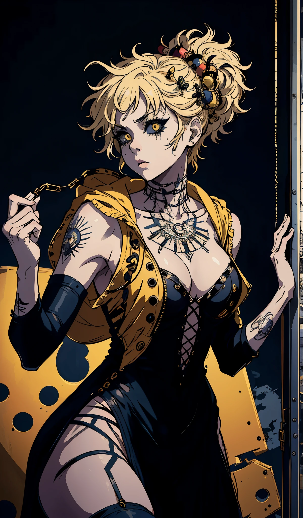 (masterpiece:1.2, best quality), (real picture, intricate details), (1lady, solo, curvy upper body, big ) The clothes are gold and yellow ar:avant-garde,avant-garde,Experiment with appearance:curlies,Dramatic makeup,Unconventional fashion choice behavior:rebelliousness、non-conformist、Provocation location:demon eyes,urban art district、Underground music venues Hobbies:Particiwpation in punk shows、creating mixed media art、Try different subcultural values:individuality、Realiy、Creative expression of inspiration:Punk rock music、Counterculture icons,Avant-garde art movement character traits:boldness、boldness、act outside the box。gothic dark vibe
