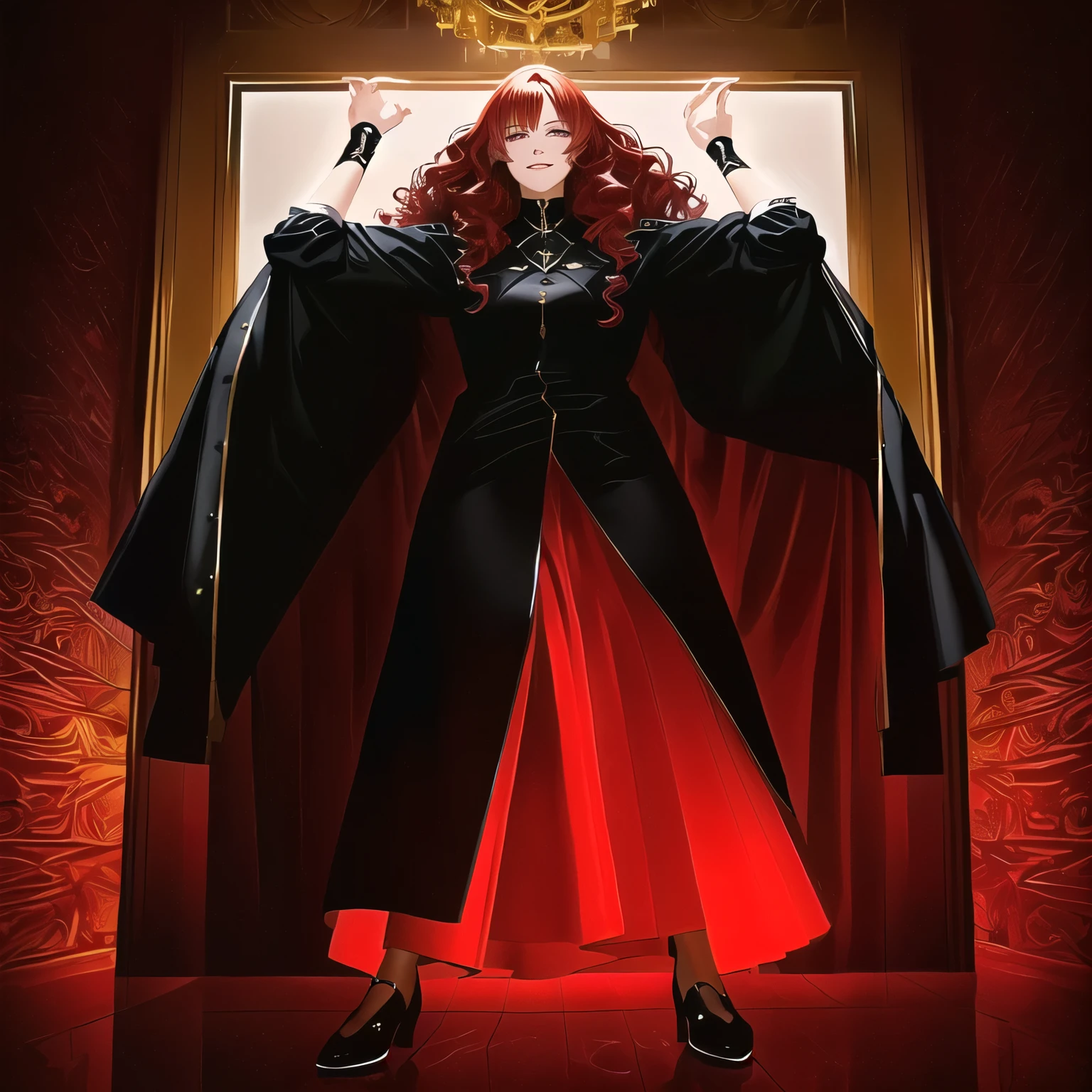 (best quality, 4k, 8k, high resolution, masterpiece: 1.2), ultra-detailed lighting, realistic, bright, close-up portrait, red-haired woman, all-black villain costume, confident smile, light skin, red eyes, somewhat hair curly, deep red hair color, all black clothes, sharp focus, bright colors, sitting in a chair, reading a book. Inside a common house