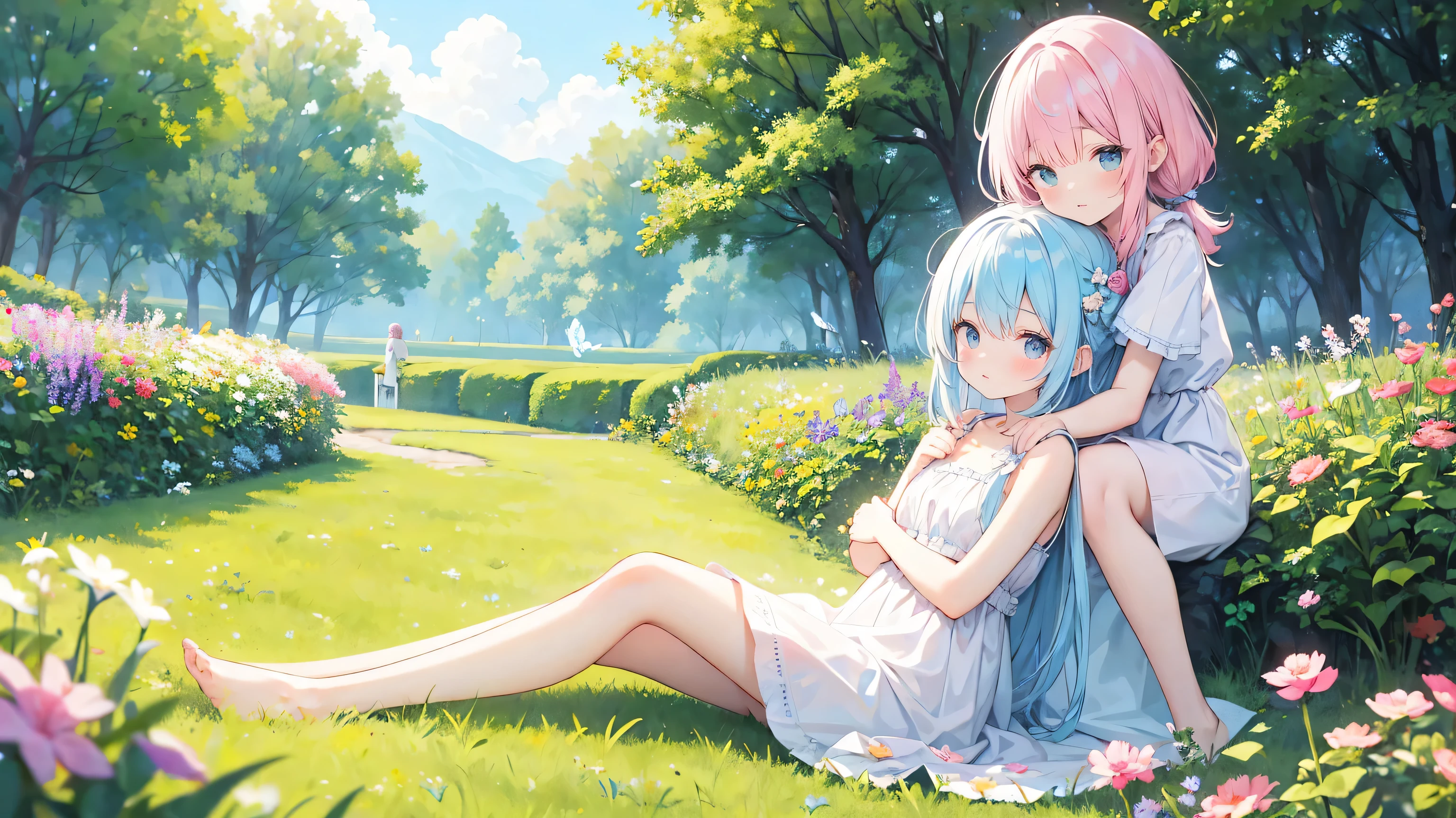 Two pure and innocent girls,、2 people(Pink-haired person、1 Name Light Blue Hair)、Cute face、Beautiful Eyes、White skin、Natural Beauty、Warm sunshine、Wildflowers swaying in the wind々Surrounded by、Enjoying time in the fields。Butterflies and birds flutter around her、Creates a playful atmosphere、Silk one-piece dress、Sit on、