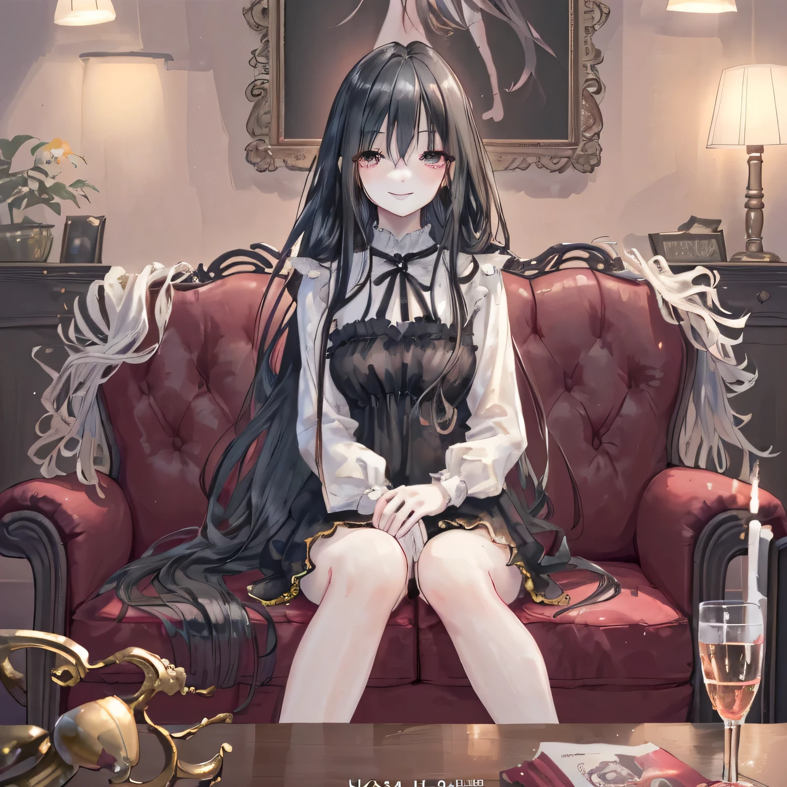 (, 4K, 8k,Beautiful images, Clear images, Realistic,Perfect Face, Perfect Lines, Perfect Eyes, Soft lighting) ,1 female, (Black Hair、Straight long hair,Bullish gaze,Beautiful woman,grace,Firm,smile(Embarrassing,A shy smile:1.1),(Nervous,Embarrassing,sleepy,Embarrassing:1.1),Antique sofa、Open your narrow mouth,An innocent smile,On a date,kiss、Romance、At work、Antique furniture、Sitting on the couch、couch sofa
