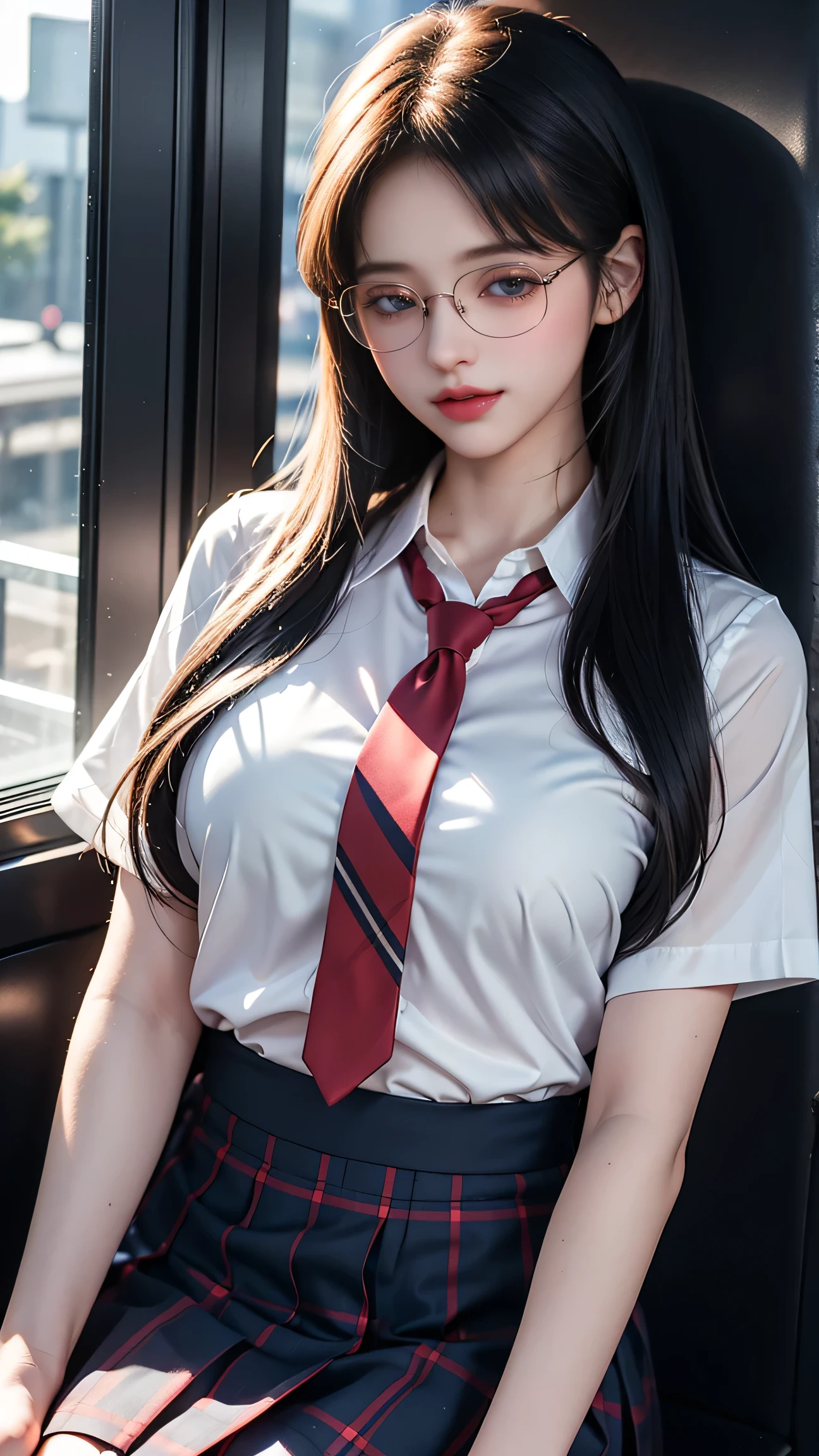 （Girl sitting on train seat)、Best quality work，Actual work，Ultra Premium Graphics，8K HD CG works，High quality graphics，High-definition CG works，10x pixels，Extremely fine detail：1.1，Advanced Technical Details：1.1 Photorealistic，Indoor lighting effects：1.5，Natural light：1.5. Light effects（virtual Light effects：1.8）,（Golden white short hair）、（Bob Hair）、(Eyes closed), Thin eyebrows，High nose, Nice red lips, Rose Cheeks, A face with subtle makeup , Cute face, perfectly balanced face，(girl in school uniform），A light-toned foundation enhances the clarity of your skin.，((High school girl on the train door))、,((White blouse、Red tie、Dark blue checked skirt)). 40k, photograph, Tabletop, highest quality, Rainy background, ((bright hair girl, She has a beautiful face and wears glasses, )). White skin, Various poses.((Medium sized breasts,:1.1)), highest quality, Tabletop, Ultra-high resolution, (Realistic:1.4), RAWphotograph, (Perfect figure), (slim:1.3), Slim abdomen, Perfect slim figure, Dynamic Pose, alone, Cold light 12000K, (Realistic Skin), Charm, 超A high resolution, Surreal, Very detailed,(Panties are visible),((Dozing off)),((Eyes closed))、