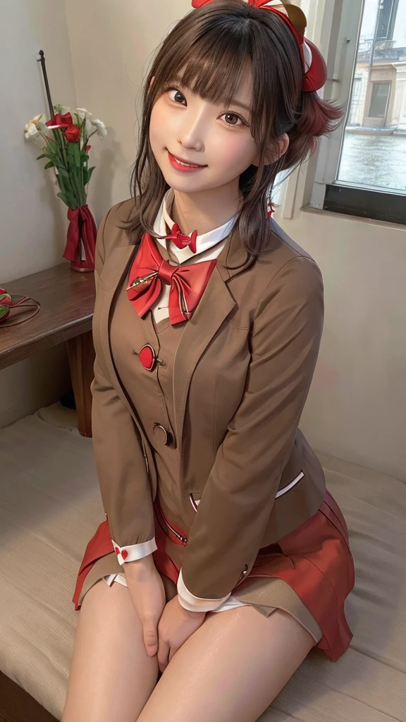 最high quality, masterpiece, 1 girl, Beautiful Face, (Photorealistic photography:1.3), Rim Light, (Skin with attention to detail:1.2), 8K Ultra HD, Digital SLR, high quality, High resolution, 4K, 8k, Japanese women 、18-year-old、Perfect body beauty: 1.4、8.5 heads、((High 、Red bow tie:1.5))、Pleated skirt、Brown blazer、Sexy upward glance、happiness、A cheerful smile