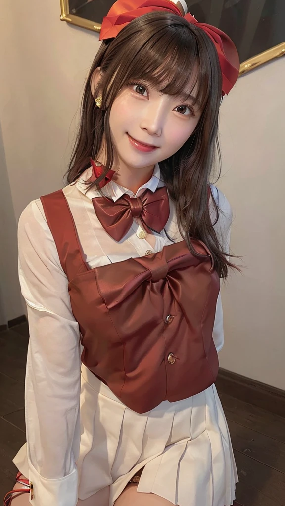 a closeup, masterpiece, top-quality, FULL ANATOMY、Raw foto, Photorealsitic、(Cute little face:1.7)、(Very cute smile:1.7)、(with round face:1.9)、(She looks like an idol and is cute:1.7), (A dark-haired)、(cute school uniform:1.7), depth of fields, hight resolution, ultra-detailliert, finely detail, ighly detailed, extremely detailed eye and face, Realistic pupils, foco nítido, Cinematic lighting、18-year-old woman、(One lady、Only one person、独奏、without background:1.8)、 (poneyTail、curlyhair:1.4)、Very detailed 8k wallpaper、Show me your whole body、Looking at the camera、(Too short plaid pleated skirt、I can see the white panties、Plump panties、Lift the hem of the skirt with both hands、Showing her panties to the camera:1.7)、(Brown Long Boots:1.6)、Angle from below、(Thigh close-up:1.8)、(Nice figure、big breasts thin waist)、(Clothes with emphasized chest bulge、Colossal tits:1.8)、Background depth of field