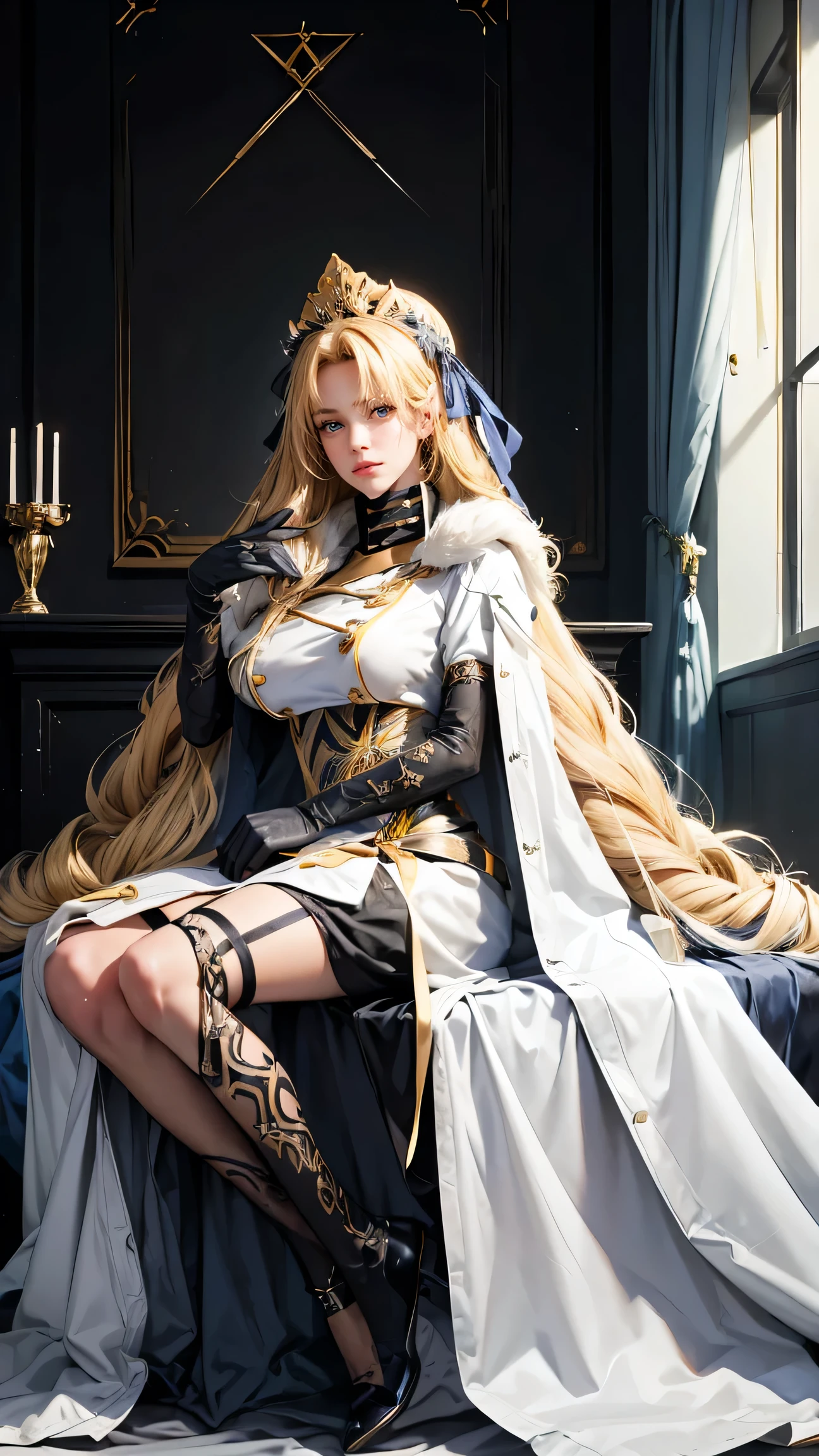 Best Best quality, masterpiece, ultra high res, raw photo, beautiful and aesthetic,deep shadow, dark theme,(ultra detailed:1.3),
1girl, frills, gloves, stockings, sitting on sofa, Headdress, hair ornament, full of curtain, drill hair, long hair, blonde hair, gradient hair, yellow eyes, solo, huge breasts, big hair, blue hair, tiara, divine goddess, looking at viewer, royal palace, indoors, bedroom, astraea, full body, outfit-rossiya, white coat, military hat