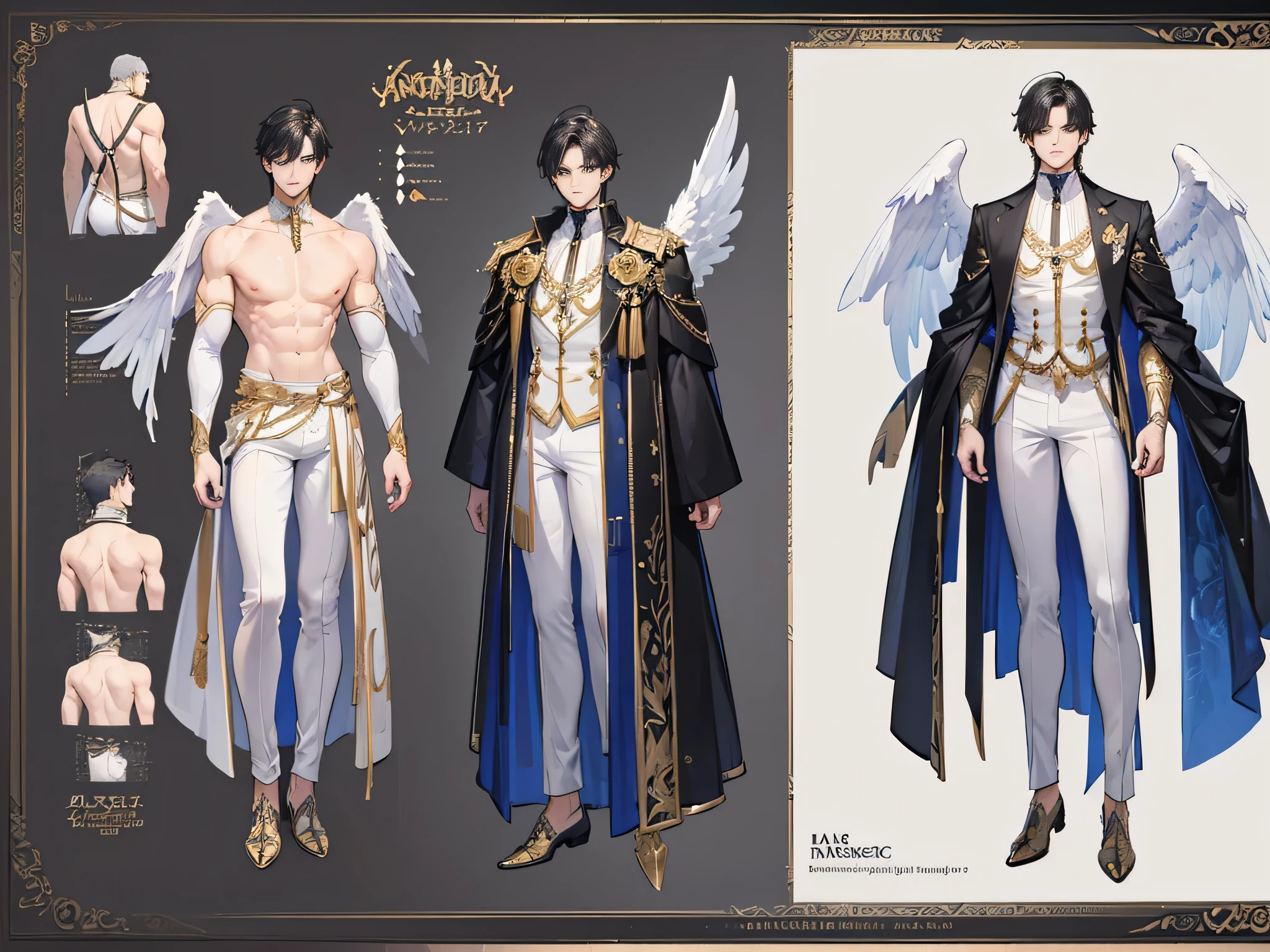 ((Masterpiece, Highest quality)), Male, boy, Detailed face, character design sheet, full bodyesbian, Full of details, frontal body view, back body view, Highly detailed, Depth, Many parts, angel wings, angel outfit, Muscle boy with black hair bangs,handsome man, male angel , man tall,