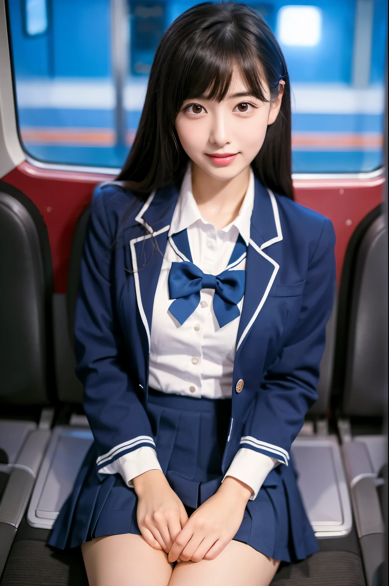 8）、Sitting in a seat、Angle from directly above、(masterpiece, High resolution, Ultra High resolution, 4K) Black Hair,  Japanese girl, (school uniform, blazer, school, dark blue skirt, short skirt,1 school bag)、Cowboy Shot,highest quality, 超High resolution, (Realistic:1.4),Has bangs、double eyelid、purity、Double teeth、Ideal Skin Type、Fluffy hair、Red cheeks、(Very large round breasts:1.2)、Beautiful Eyes、detailedな目、It is detailed、Thin and delicate eyebrows、Long eyelashes、美しいdouble eyelid、Beautiful and very slim legs, High resolution, detailed, RAW Photos, Cinema lighting、socks、loafers、Train window、Train advertising、Asahi,smile、Hair Arrangement