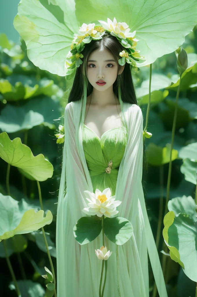 An enchanting humanoid-style plant creature in full bloom, standing upright. It has an overall green body color, with a flower-like structures sprouting around its head. The head is adorned with leaf-like extensions fashioned like a headband. It flaunts a skirt-like structure at its lower half resembling petals of a flower, the array of colors ranges from light green to dark green. Its arms, delicate and slim, end in leafy shapes instead of hands. It also exhibits a pair of oval shaped deep red eyes full of expression adding to its captivating aura.