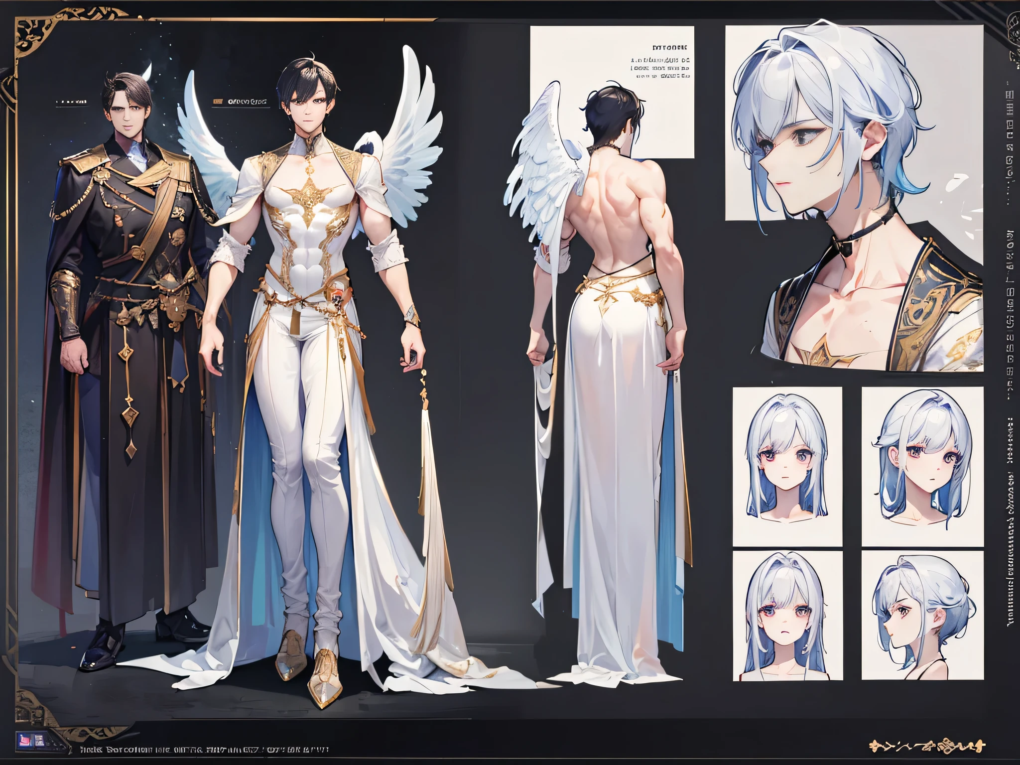 ((Masterpiece, Highest quality)), Male, boy, Detailed face, character design sheet， full bodyesbian, Full of details, frontal body view, back body view, Highly detailed, Depth, Many parts, angel wings, angel outfit, Muscle boy with black hair bangs，handsome man, male angel , man tall, 