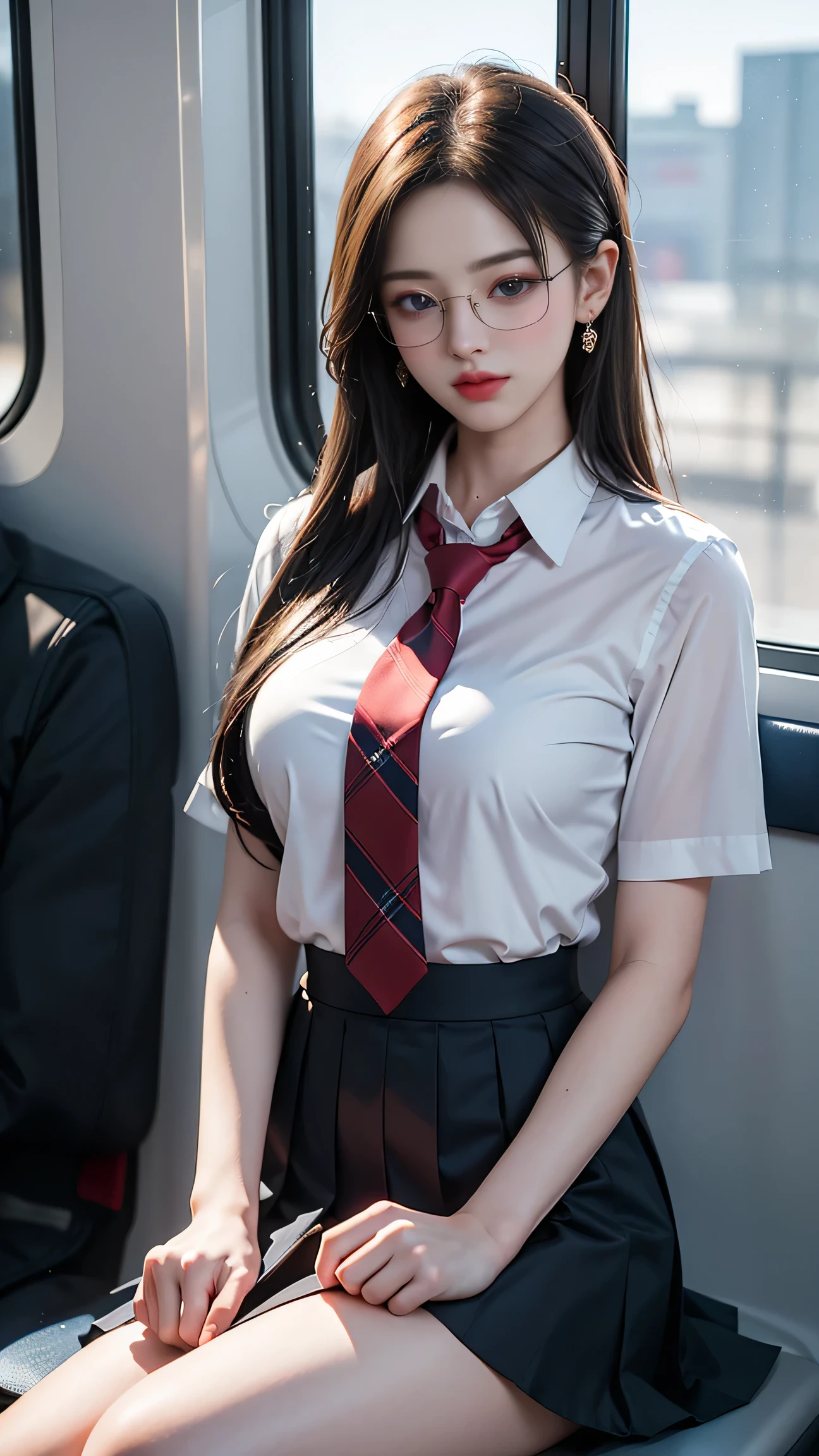(Girl sitting on train seat)、Best quality work,Actual work,Ultra Premium Graphics,8K HD CG works,High quality graphics,High-definition CG works,10x pixels,Extremely fine detail:1.1,Advanced Technical Details:1.1 Photorealistic,Indoor lighting effects:1.5,Natural light:1.5. Light effects(virtual Light effects:1.8),(Golden white short hair)、(Bob Hair)、(Eyes closed), Thin eyebrows,High nose, Nice red lips, Rose Cheeks, A face with subtle makeup , Cute face, perfectly balanced face,(girl in school uniform),A light-toned foundation enhances the clarity of your skin.,((High school girl on the train door))、,((White blouse、Red tie、Dark blue checked skirt)). 40k, photograph, Tabletop, highest quality, Rainy background, ((bright hair girl, She has a beautiful face and wears glasses, )). White skin, Various poses.((Medium sized breasts,:1.1)), highest quality, Tabletop, Ultra-high resolution, (Realistic:1.4), RAWphotograph, (Perfect figure), (slim:1.3), Slim abdomen, Perfect slim figure, Dynamic Pose, alone, Cold light 12000K, (Realistic Skin), Charm, 超A high resolution, Surreal, Very detailed,(Panties are visible),((Dozing off)),((Eyes closed))、