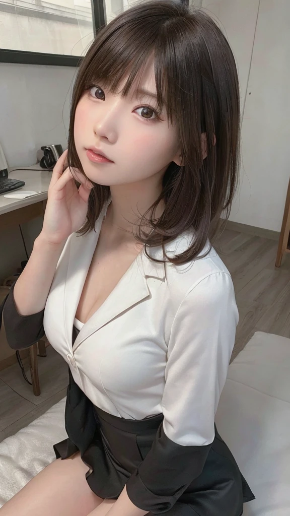 (8k, RAW Photo, Best Quality, Masterpiece: 1.3), ((highest quality)), ((masterpiece)), ((Perfect Face))、21 years old,、Brown Hair、orgasm、blushed、Sweaty all over、Ahegao、office lady、Business jacket、Business Skirt、Mouth wide open、Sticking out tongue、Close ~ eyes、Close ~ eyes立ち膝で下からカメラに顔を向ける、Camera angles from above、