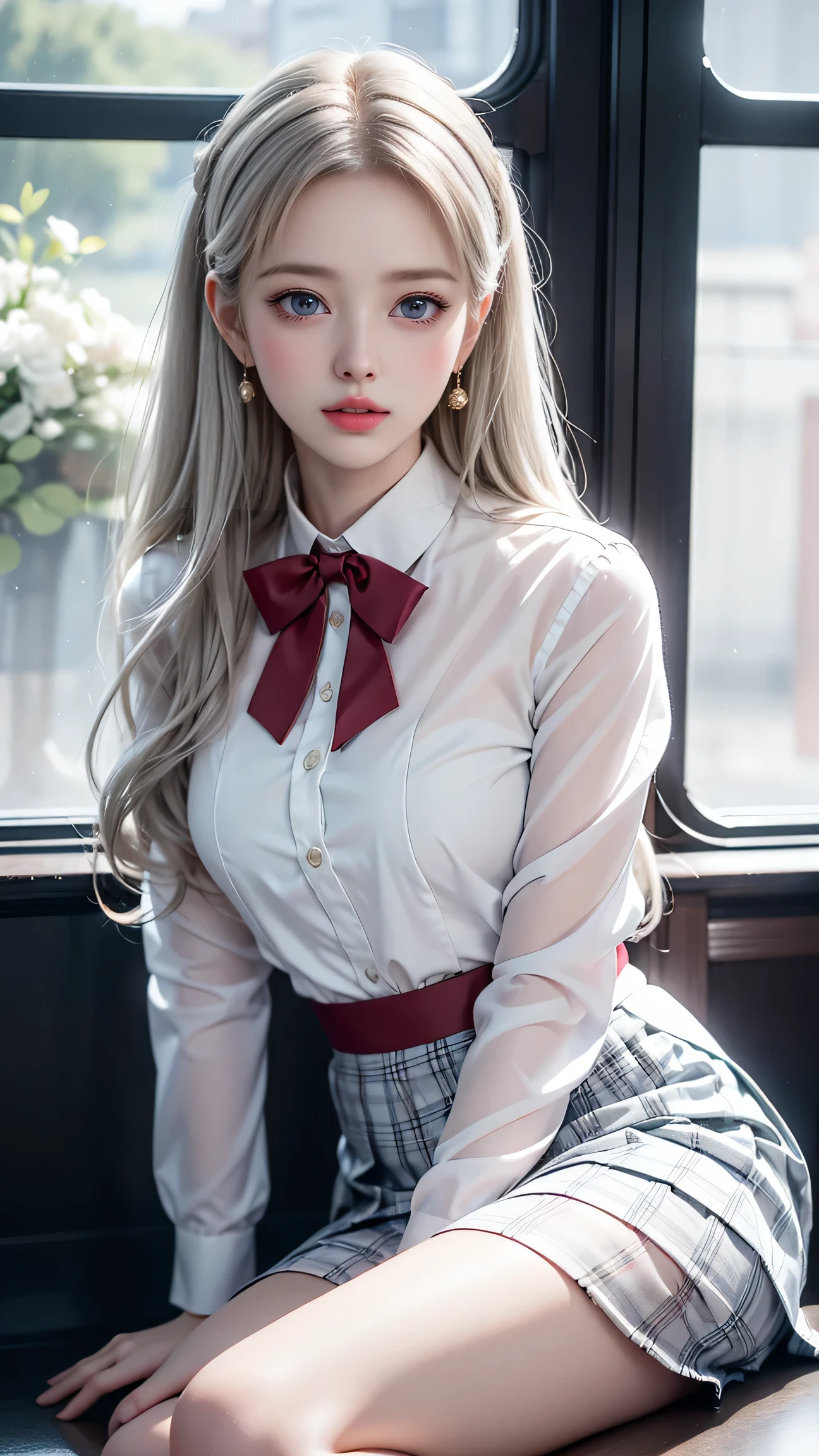(Girl sitting on train seat)、Top quality work,Actual work,Ultra Premium Graphics,8K HD CG works,High quality graphics,High-definition CG works,10x pixels,Extremely fine detail:1.1,Advanced Technical Details:1.1 Photorealistic,Indoor lighting effects:1.5,Natural light:1.5. Light effects(virtual Light effects:1.8),長いSilver Hair,Silver Hair,Transparent Hair,Hair with attention to detail(Premium Hair Detail:1.1)Clear Eyes,Beautiful double eyelids,Sharp eye makeup, Delicate eyelash makeup, Thin eyebrows, Highly detailed eyes,High nose, Nice red lips, Rose Cheeks, A face with subtle makeup , Cute face, perfectly balanced face,(Advanced Face Detail:1.1),girl in school uniform, See-through,Foggy Room,Like a fairy in a painting,Slim sexy legs,A beautiful face is beautiful and delicate,Like a finely carved piece of jade、The waves in my eyes are like twinkling stars,Show the light of patience and wisdom。The bridge of the nose is straight,Cherry lip color, her face is clear,Her skin is as white as jade,Gives a healthy glow,Her makeup is light and subtle.,Not too decorative,A light-toned foundation enhances the clarity of your skin.,Eye makeup: eyeshadow and eyeliner,Make her eyes brighter and more cheerful、Add a touch of glamour and sophistication,(White blazer、Emblem on the chest),(Translucent white blouse)、(Red bow tie),(Checked Skirt),(White panties are visible)、Swaying with her movements。Her hair is casually tied back,Fix with hosta,A few strands of hair are swaying gently in the wind,Add a little softness、Charmed everyone'Note、Grace、mystery、full of power,(White panties are visible),