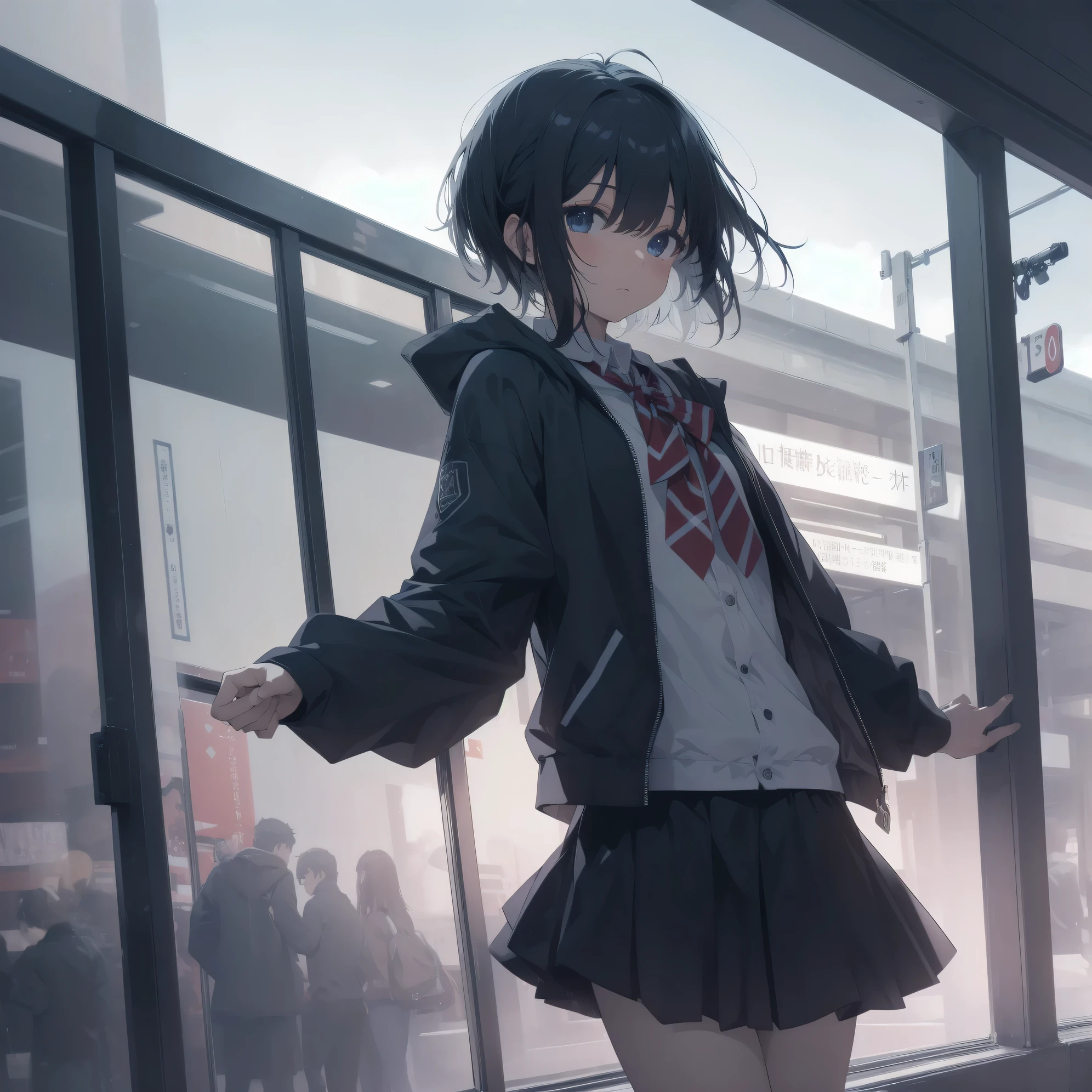 ultra-absurdres-Top quality by artist God, ultra-detailed, high resolution, anime moe artstyle, best anime 8k konachan wallpaper, pixiv contest winner, pool:2810, perfect anatomy,break, 1girl, (Please draw a girl walking sleepily to school alone. )break,(Solo,little female, 13-year-old:1.3),Full limbs, complete fingers,a junior high school student,  (very short hair), short cut, flat chest, , small butt, small black eyes, beautiful detailed eyes, well-proportioned iris and pupils, expressive eyes, highres detailed hair, soft expression, school_uniform, bowtie, collared shirt.  pleated skirt,(Detailed Lighting), (Detailed background), in the School commute route. break,super detailed skin, Best cinematic lighting powered by famous artist, 8k,beauty illustration,photoshop_(medium),very aesthetic,break,((artist:dd_(ijigendd) )), artist:bolze ,artist:oyari ashito ,artist:kantoku ,