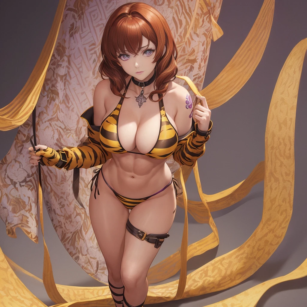 (plain background, masterpiece, best quality, ultra-detailed, best shadow, best rendering, ultra detailed, illustration, beautiful, amazing: 1.2) 1girl, Celica from Fire Emblem, Celica, (sex slave tattoo on navel, abs, stomach exposed, shackles on hands and legs, black choker on neck, leather collar, standing straight, high heels, white long hair, purple eyes, yellow tiger bikini with stripes on it)
