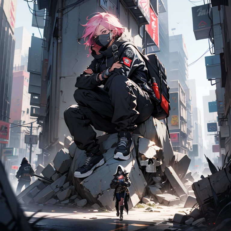 a woman sitting on top of a pile of skulls, cyberpunk city street background, unreal engine character art, anonymous mask, pink trans an edgy teen assassin, artgerm ; 3d unreal engine, ( ( character concept art ) ), mmorpg gameplay, antifa, cloaked woman, anonymous