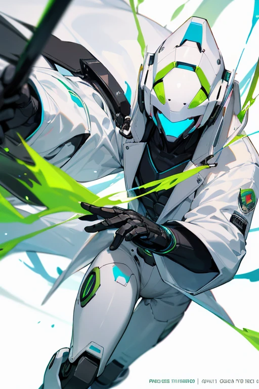 Robot Hombre, color blanco con verde, con traje negro, white scientific coat