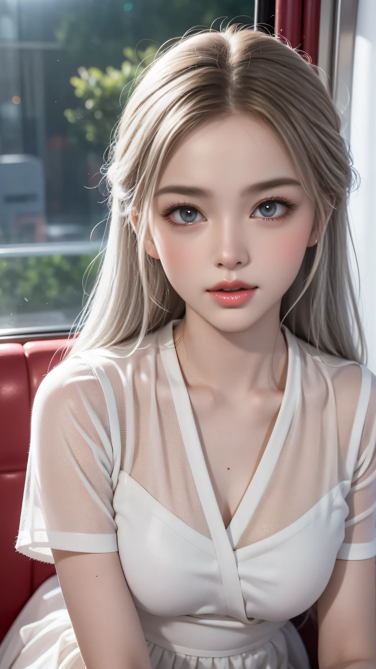 (Girl sitting on train seat)、Top quality work,Actual work,Ultra Premium Graphics,8K HD CG works,High quality graphics,High-definition CG works,10x pixels,Extremely fine detail:1.1,Advanced Technical Details:1.1 Photorealistic,Indoor lighting effects:1.5,Natural light:1.5. Light effects(virtual Light effects:1.8),長いSilver Hair,Silver Hair,Transparent Hair,Hair with attention to detail(Premium Hair Detail:1.1)Clear Eyes,Beautiful double eyelids,Sharp eye makeup, Delicate eyelash makeup, Thin eyebrows, Highly detailed eyes,High nose, Nice red lips, Rose Cheeks, A face with subtle makeup , Cute face, perfectly balanced face,(Advanced Face Detail:1.1),girl in school uniform, See-through,Foggy Room,Like a fairy in a painting,Slim sexy legs,A beautiful face is beautiful and delicate,Like a finely carved piece of jade、The waves in my eyes are like twinkling stars,Show the light of patience and wisdom。The bridge of the nose is straight,Cherry lip color, her face is clear,Her skin is as white as jade,Gives a healthy glow,Her makeup is light and subtle.,Not too decorative,A light-toned foundation enhances the clarity of your skin.,Eye makeup: eyeshadow and eyeliner,Make her eyes brighter and more cheerful、Add a touch of glamour and sophistication,Clothes fluttering,It's about to be blown away by the wind(white blazer emblem on chest)White blouse、Red bow tie,(Checked Skirt),(White panties are visible)、Swaying with her movements。Her hair is casually tied back,Fix with hosta,A few strands of hair are swaying gently in the wind,Add a little softness、Charmed everyone'Note、Grace、mystery、full of power,(White panties are visible),(Lift-up skirt)
