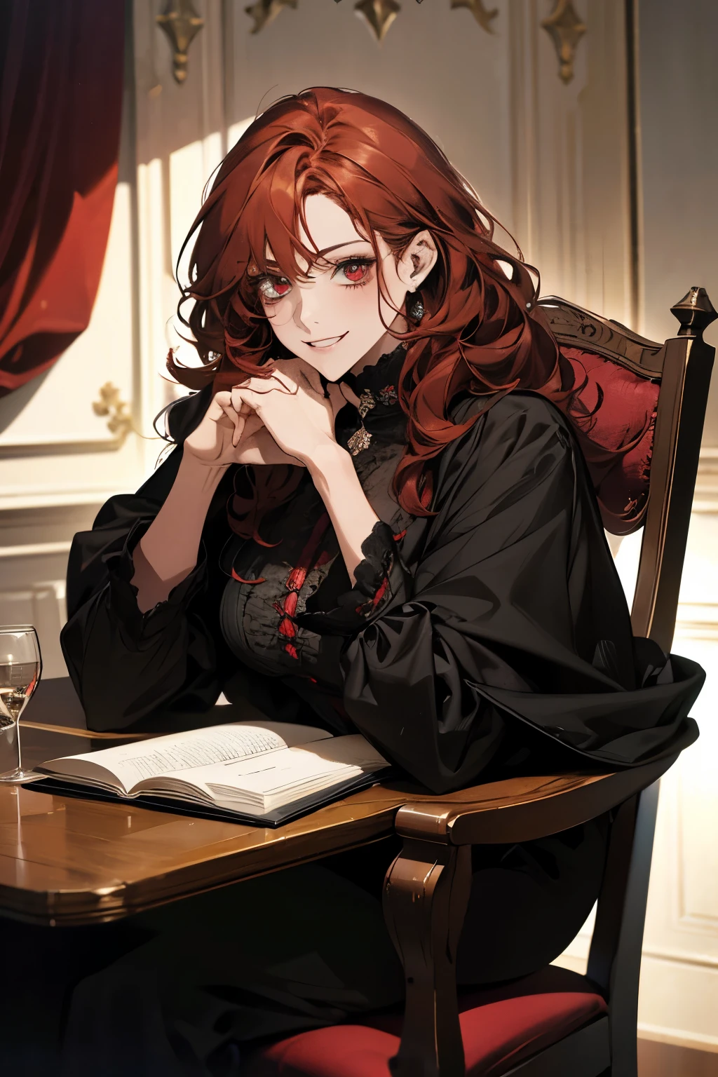 (best quality, 4k, 8k, high resolution, masterpiece: 1.2), ultra-detailed lighting, realistic, bright, close-up portrait, red-haired woman, all-black villain costume, confident smile, light skin, red eyes, somewhat hair curly, deep red hair color, all black clothes, sharp focus, bright colors, sitting in a chair, reading a book. Inside a common house