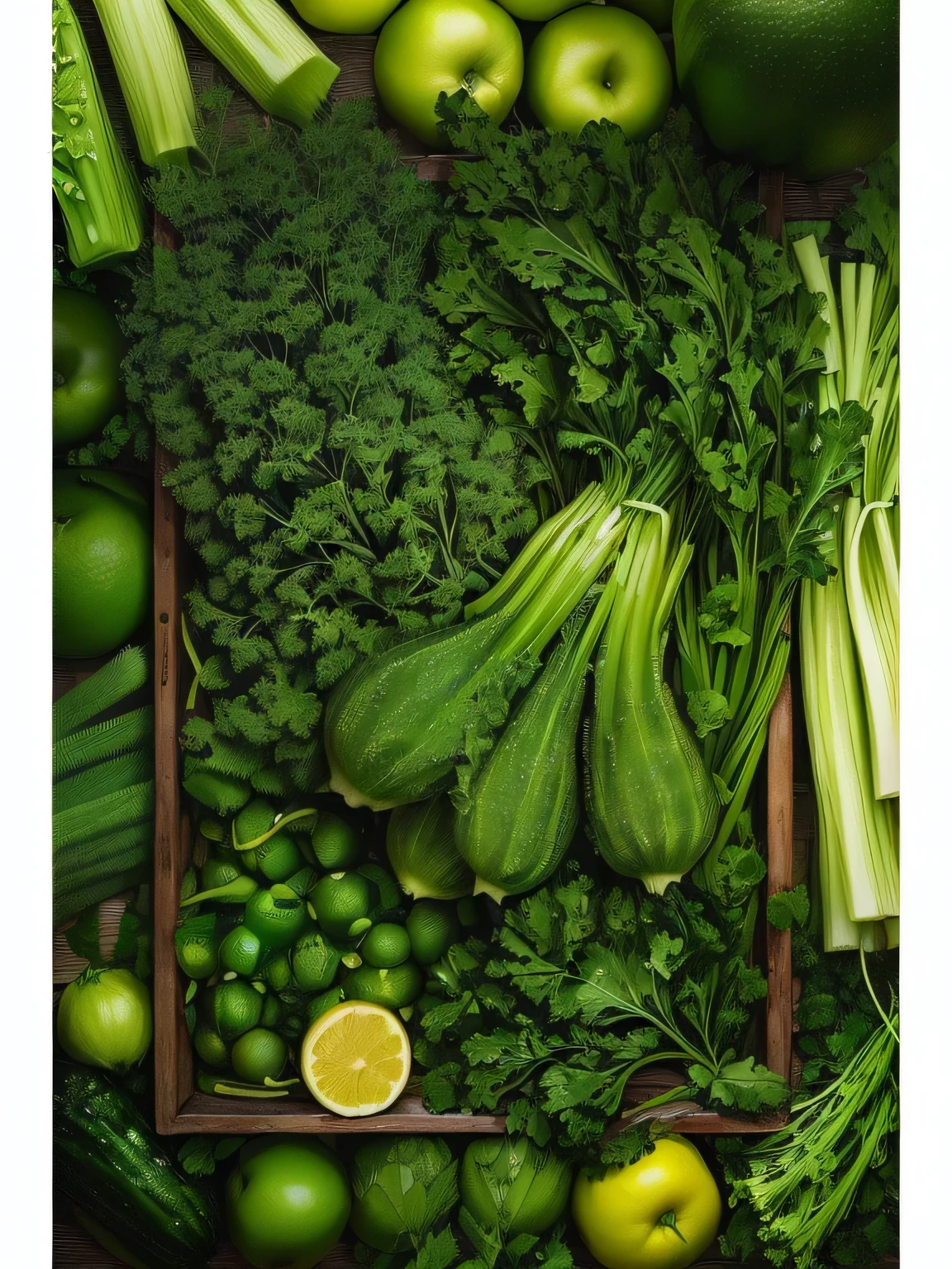 There are green lemons, green vegetables, green apples, green cucumbers, green bitter melons, green celery and other green vegetables. The generated poster title is in white font and it says "Guanxiangli Fresh Food Service Station" with 50% off.