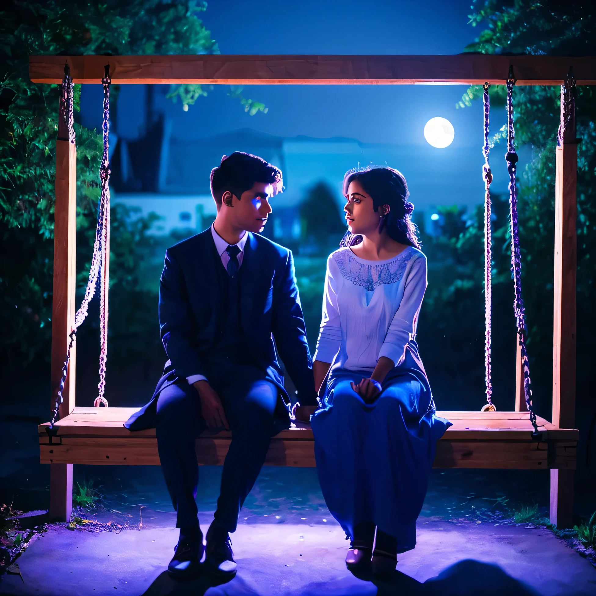 there are 20 Year old couple sitting of front on a swing in the moonlight, wearing a clothes, boy with name shish, write on it girl with name Rabia, write on it lovely couple, sitting on a moon, heart emoji,holding hands in the moonlight realistic art painting detail photo